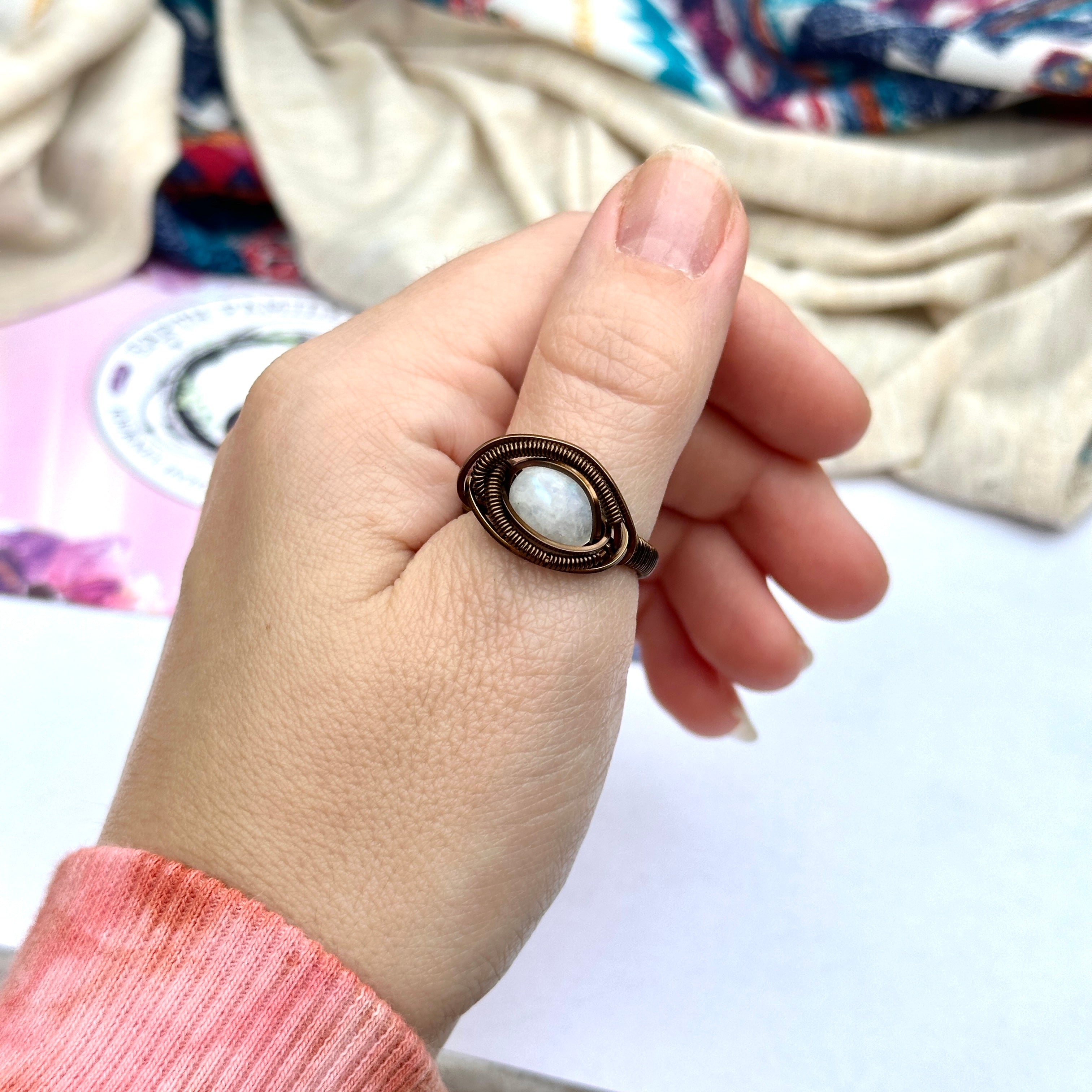 Elegant Moonstone Ring in Antique Brass Wire Wrapped Gemstone ~ Size 7