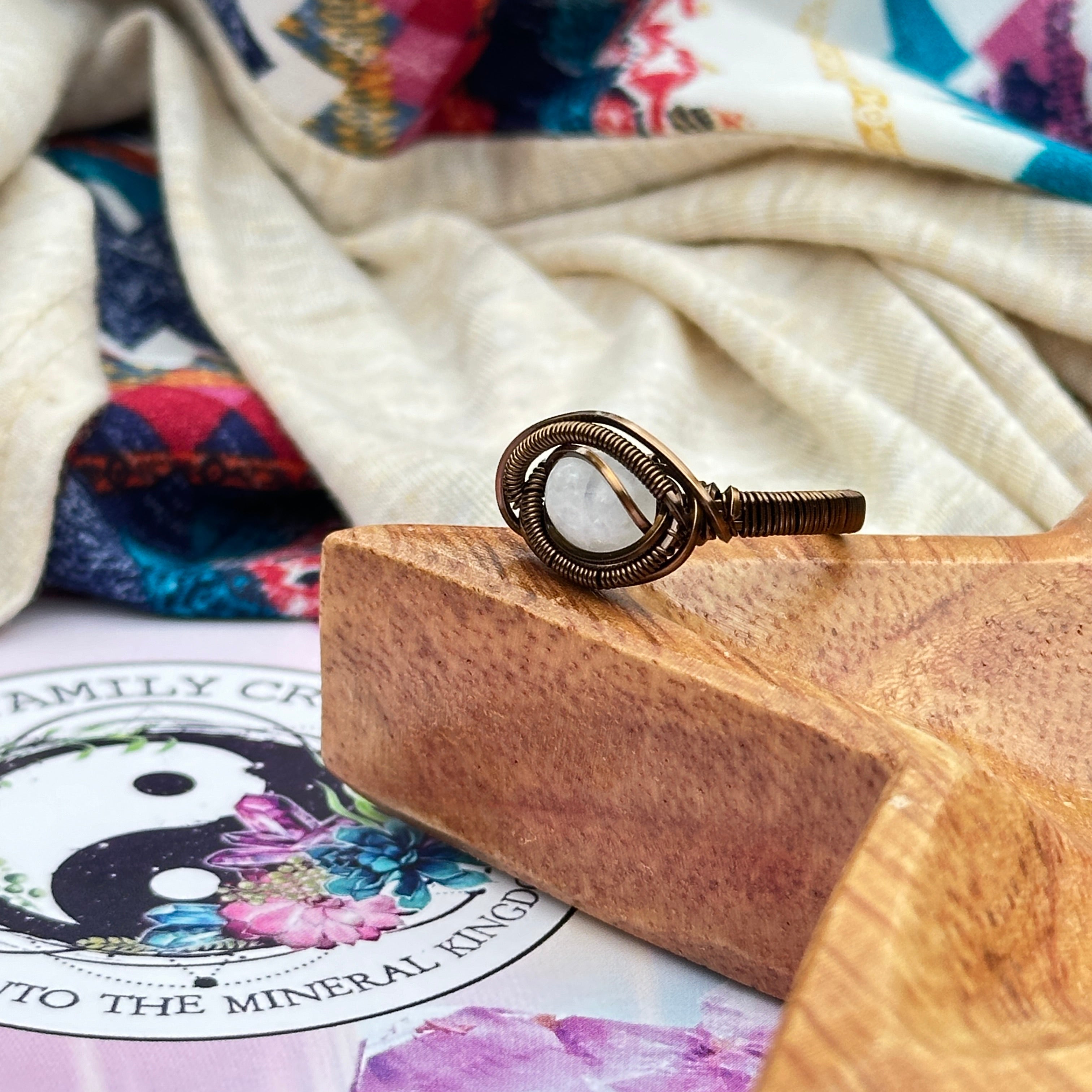 Elegant Moonstone Ring in Antique Brass Wire Wrapped Gemstone ~ Size 7