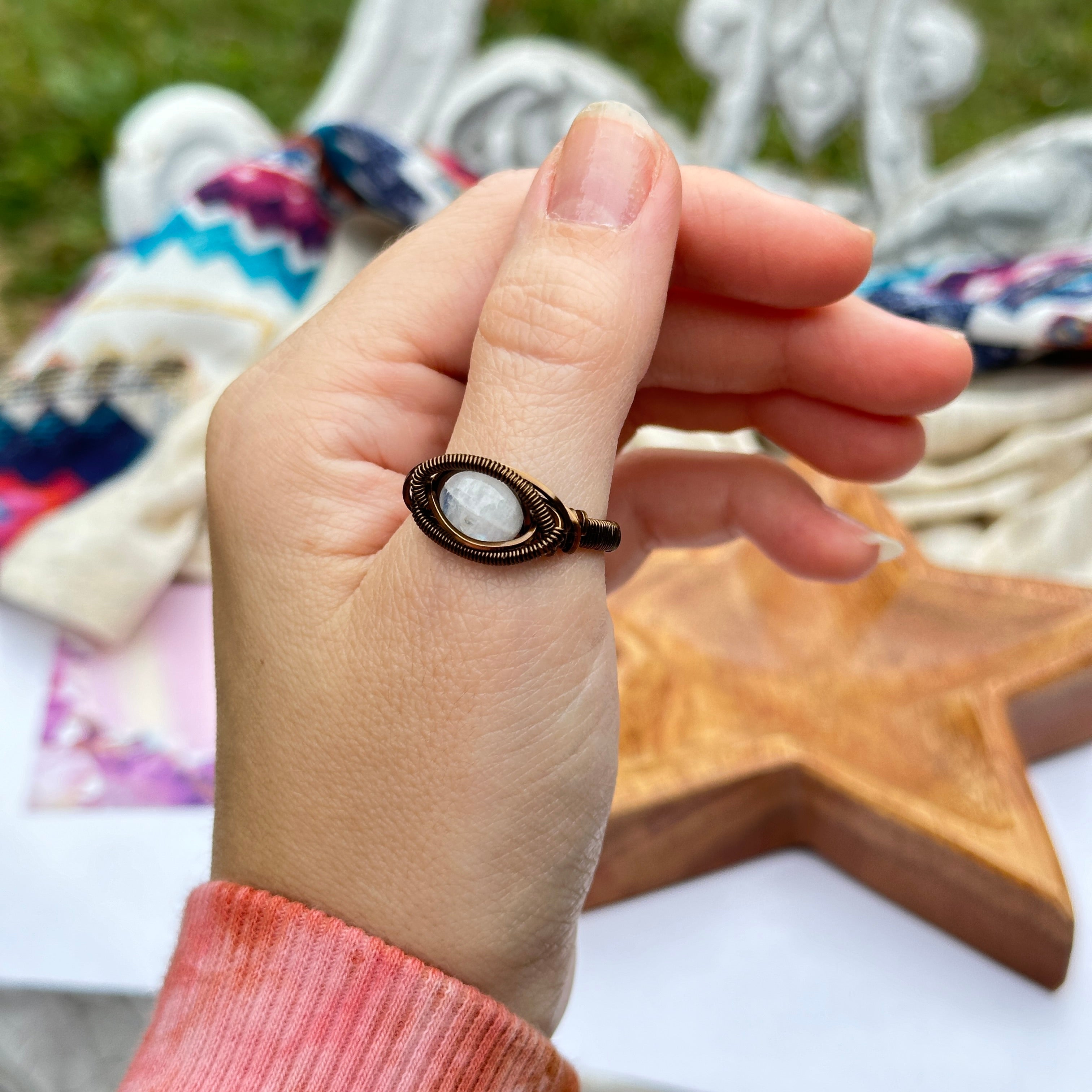 Elegant Moonstone Ring in Antique Brass Wire Wrapped Gemstone ~ Size 9