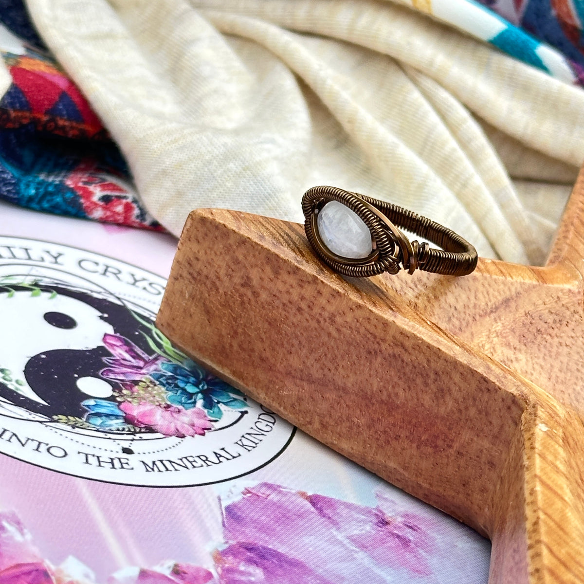 Elegant Moonstone Ring Antique Brass Wire Wrapped Gemstone ~