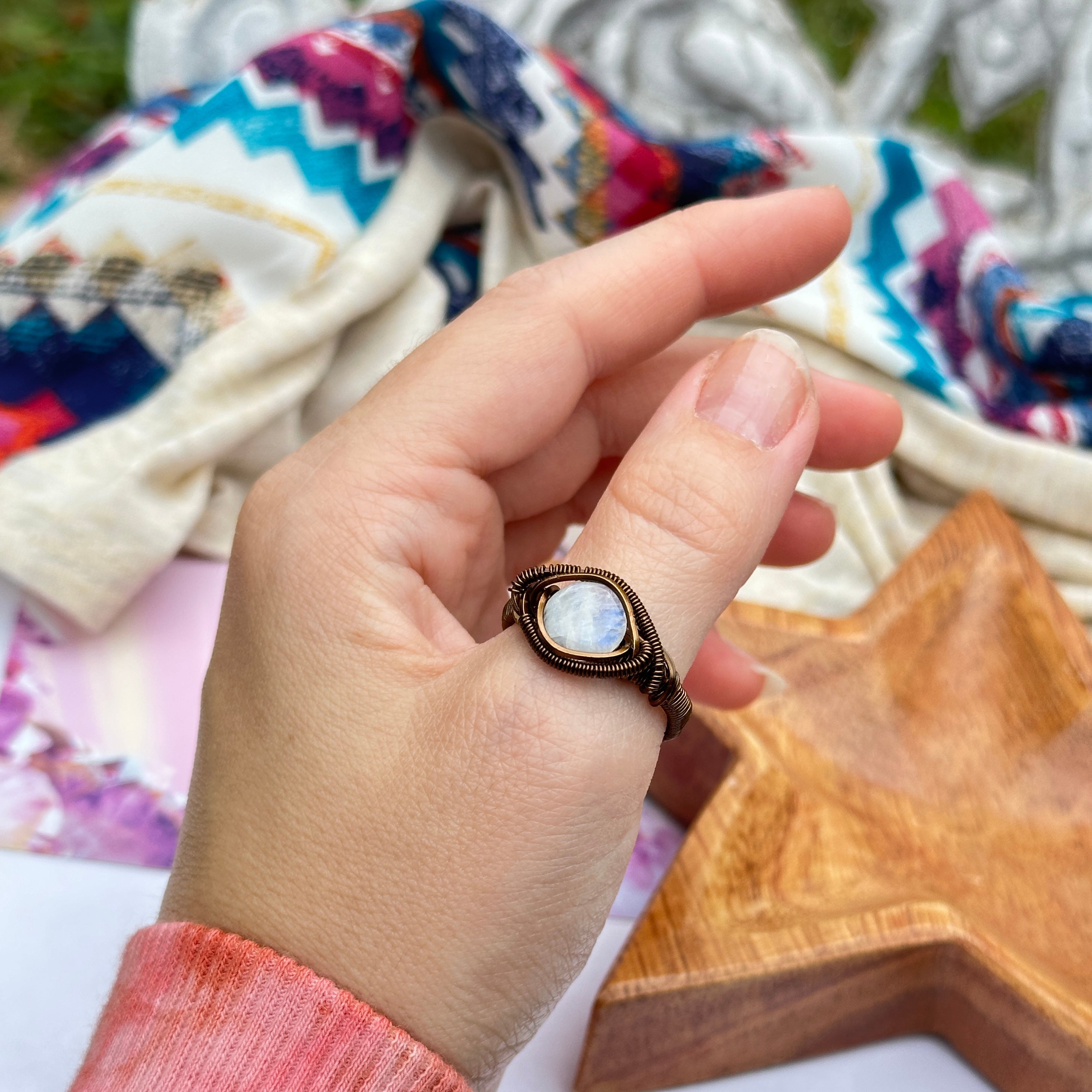Elegant Moonstone Ring in Antique Brass Wire Wrapped Gemstone ~ Size 9