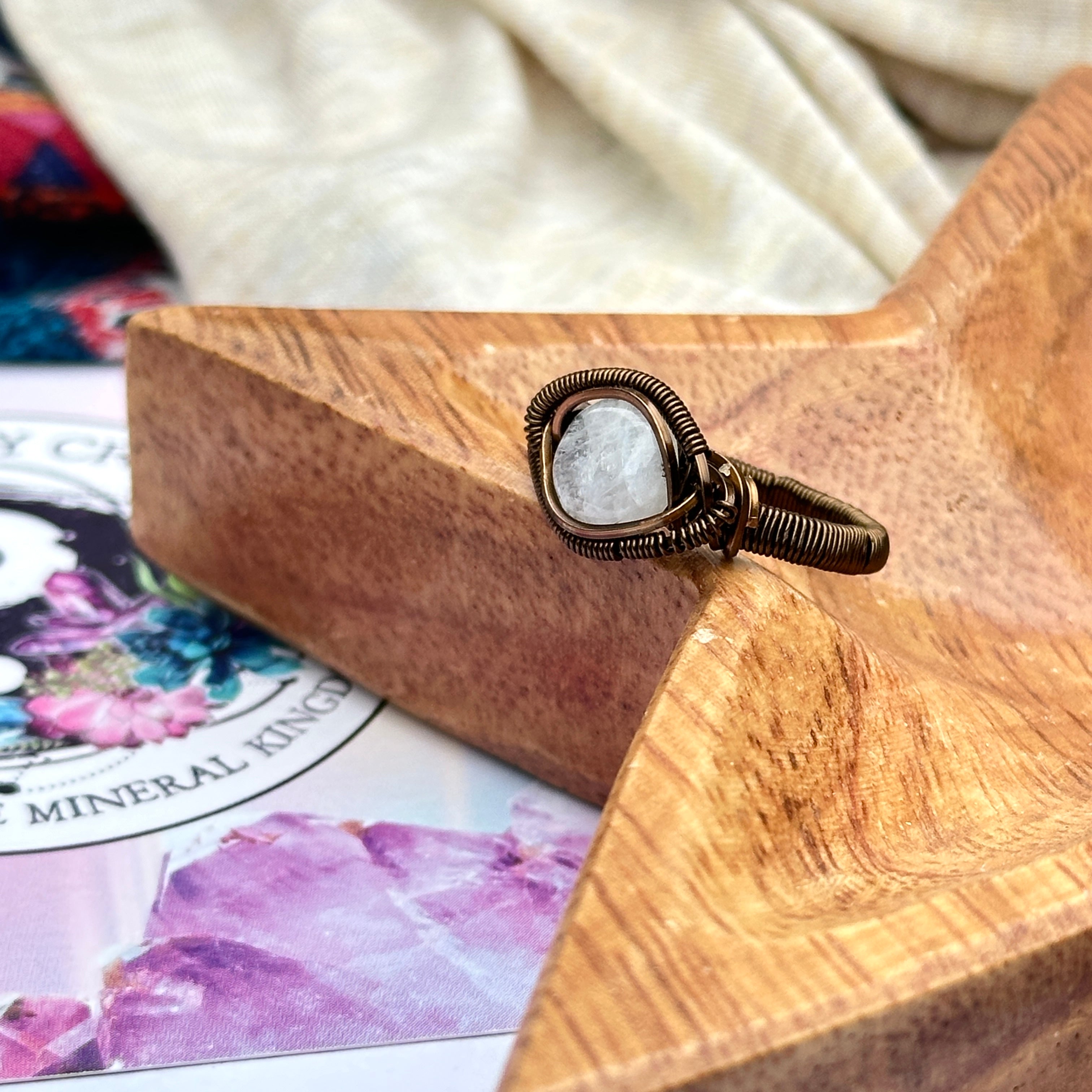 Elegant Moonstone Ring in Antique Brass Wire Wrapped Gemstone ~ Size 9
