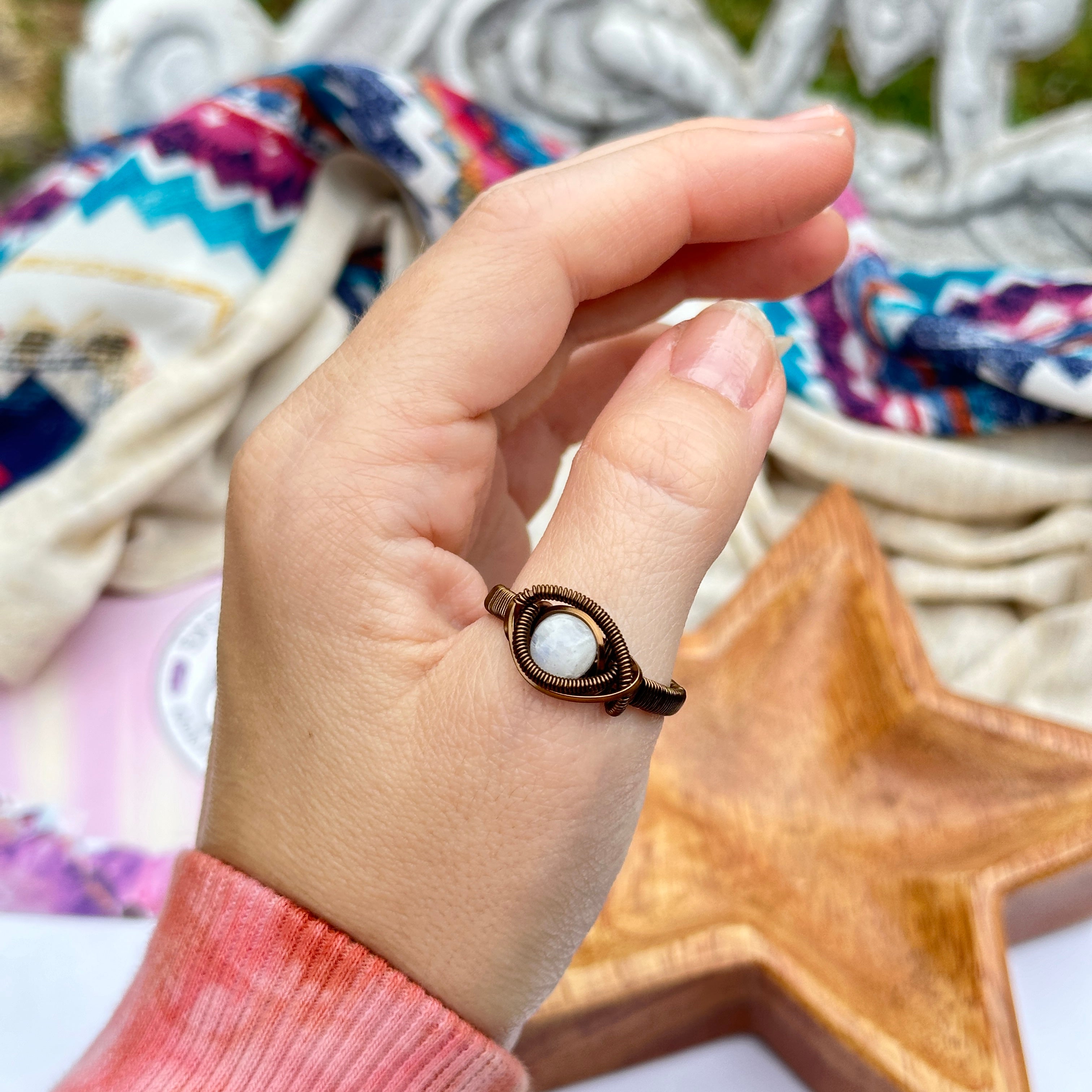 Elegant Moonstone Ring in Antique Brass Wire Wrapped Gemstone ~ Size 10.5