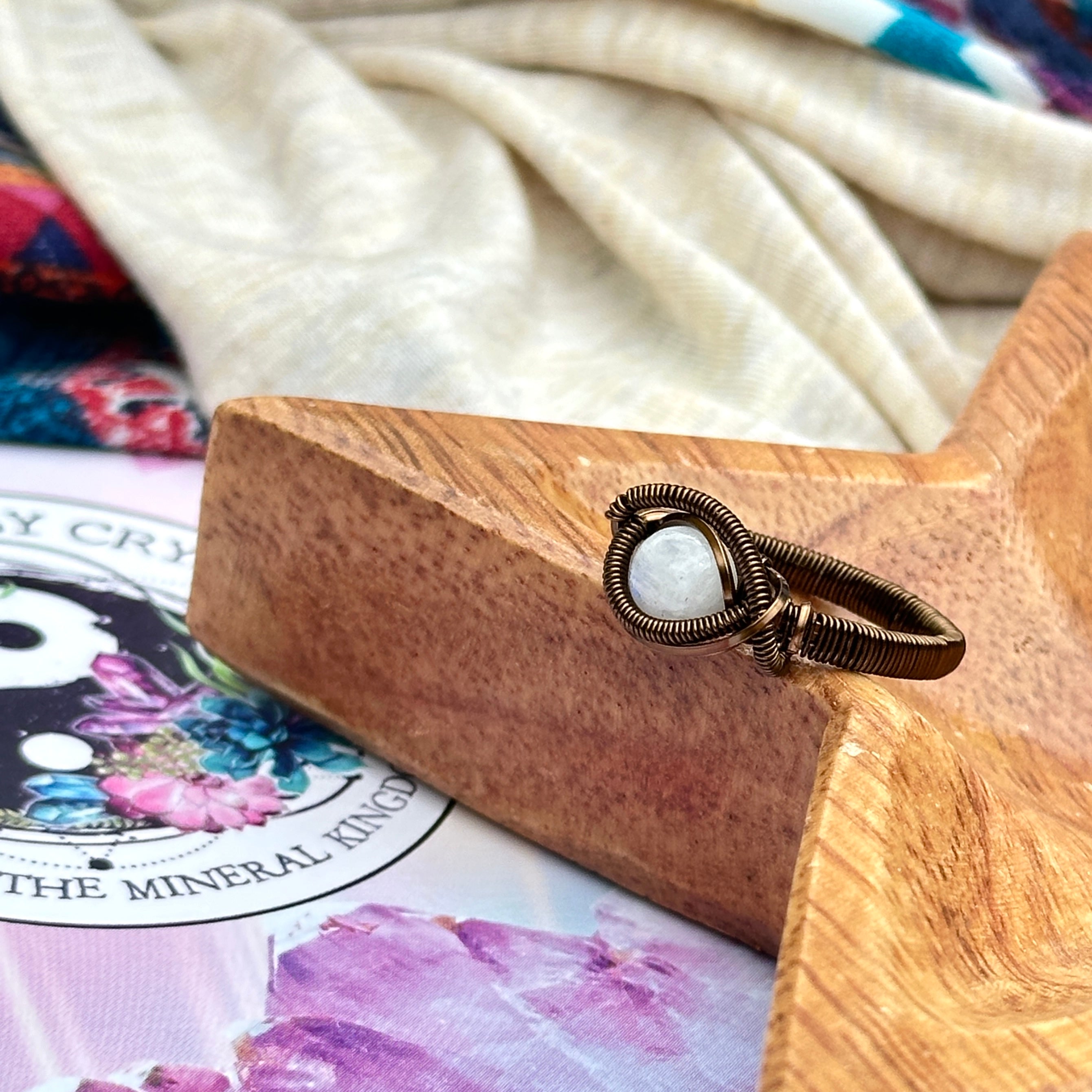 Elegant Moonstone Ring in Antique Brass Wire Wrapped Gemstone ~ Size 10.5