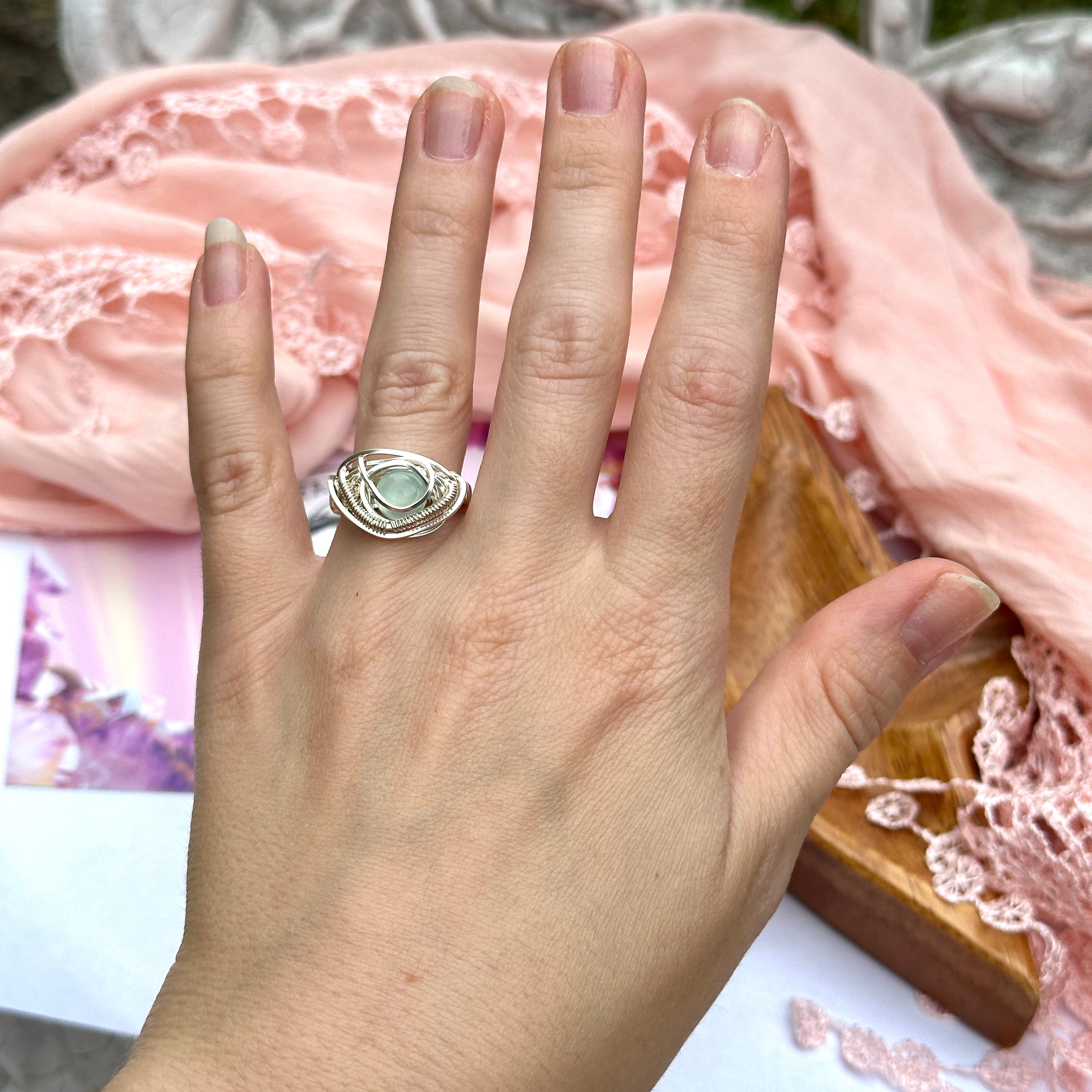 Blue Chalcedony Wire Wrapped Ring in Silver ~ Size 5.5