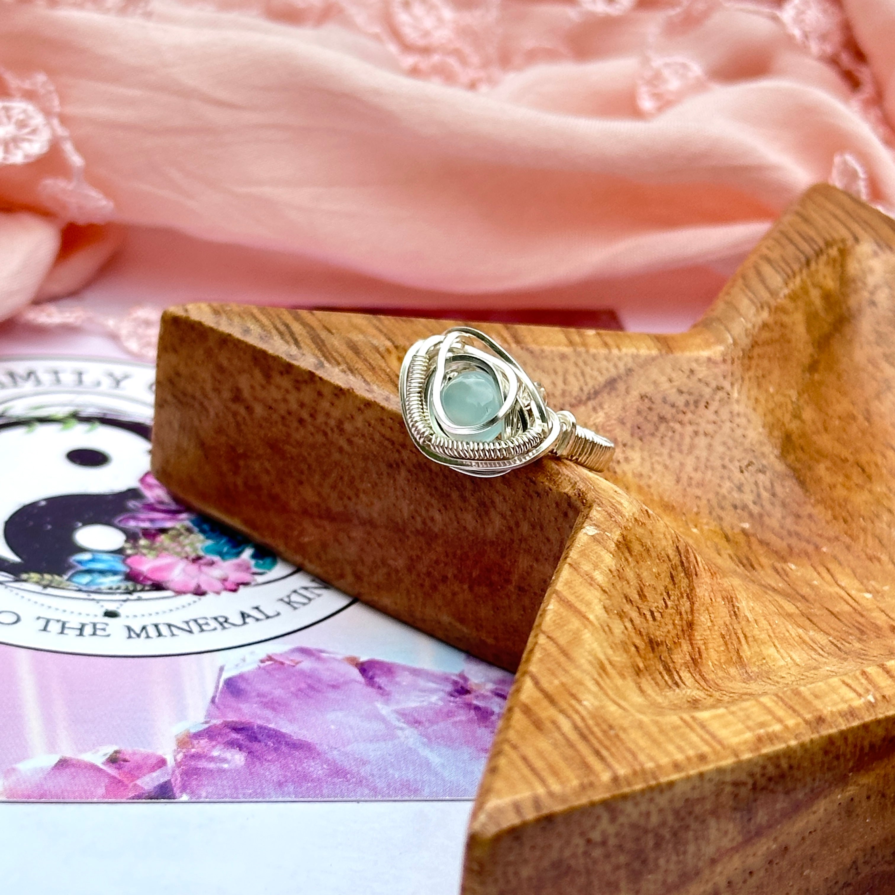 Blue Chalcedony Wire Wrapped Ring in Silver ~ Size 5.5