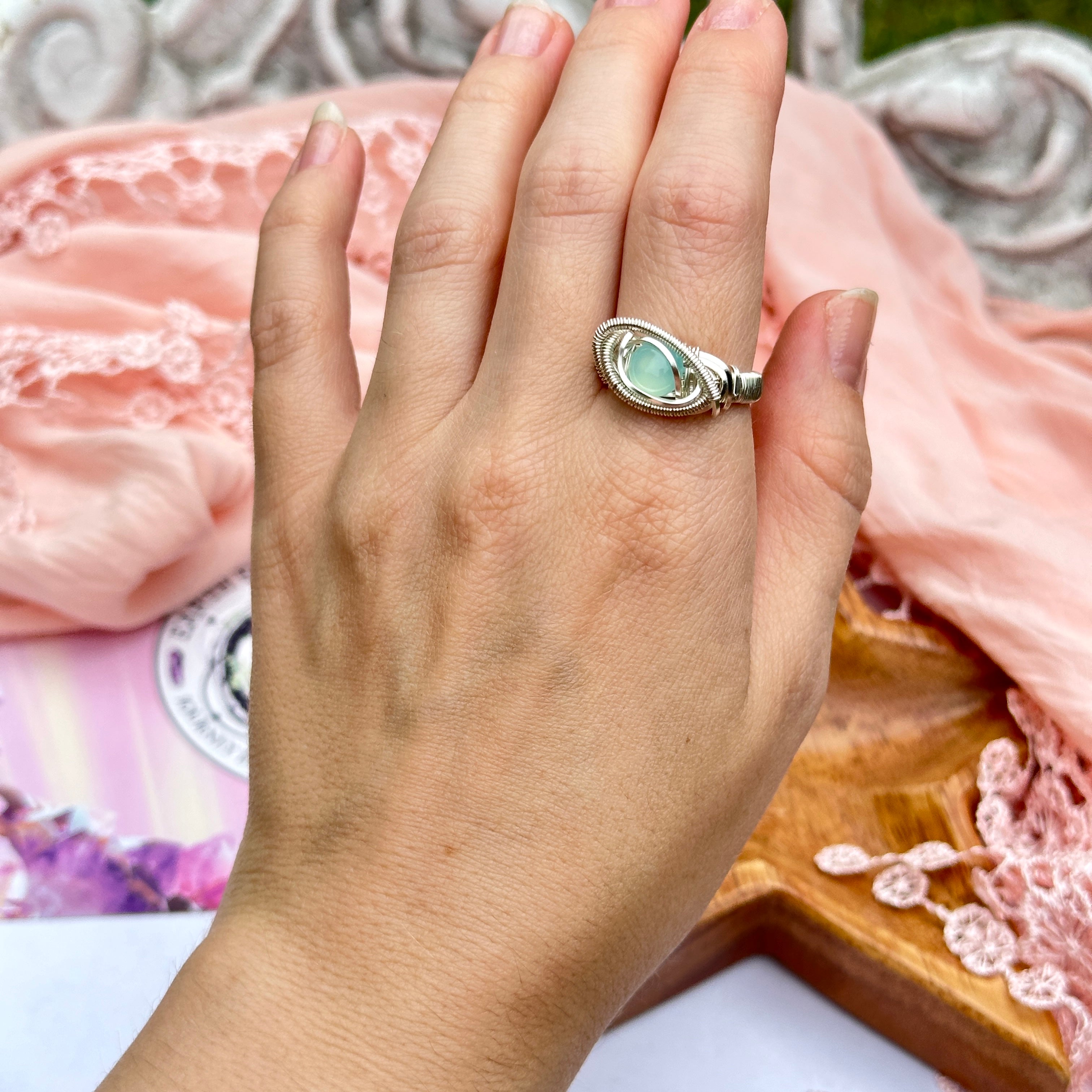 Blue Chalcedony Wire Wrapped Ring in Silver ~ Size 6