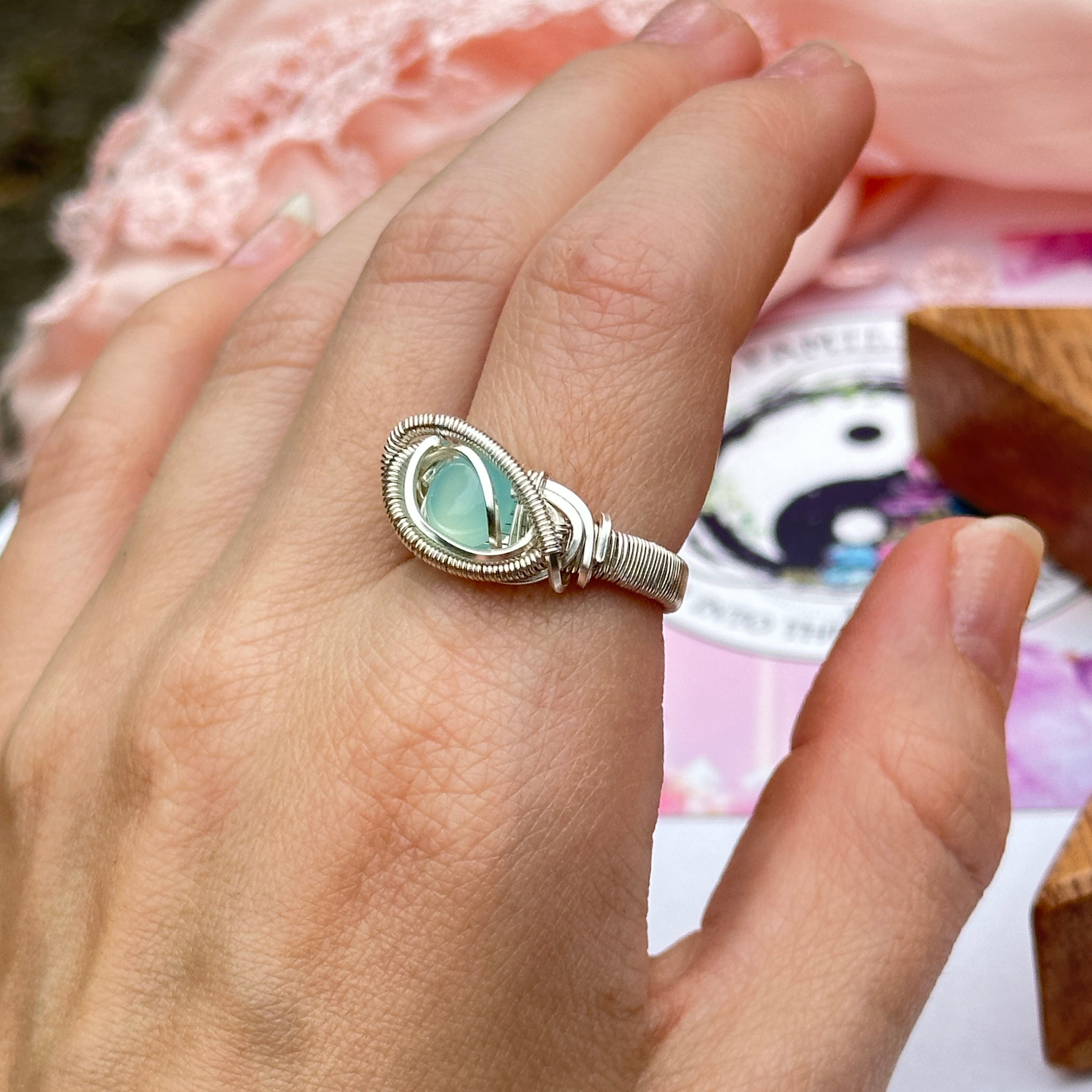 Blue Chalcedony Wire Wrapped Ring in Silver ~ Size 6