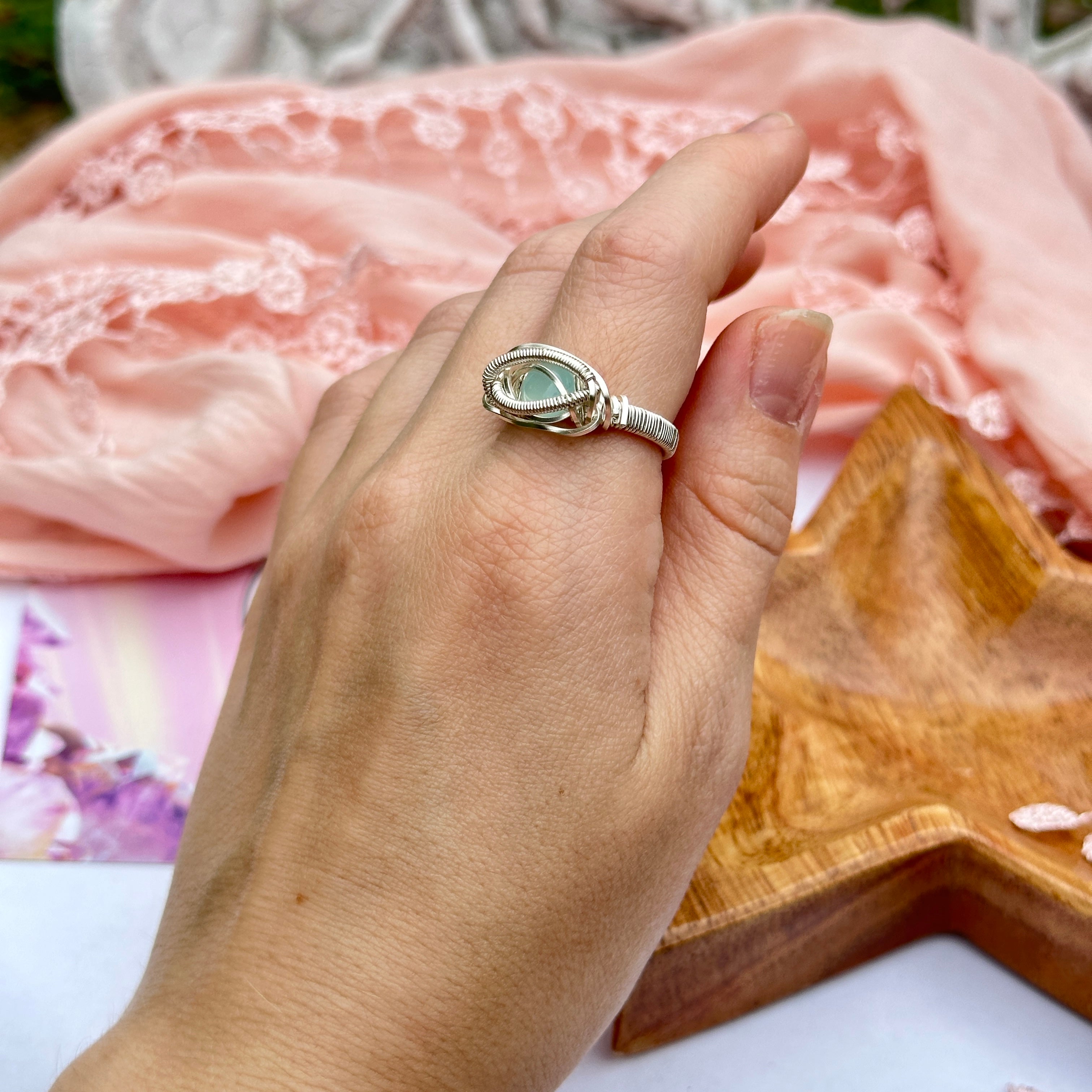 Blue Chalcedony Wire Wrapped Ring in Silver ~ Size 6.5