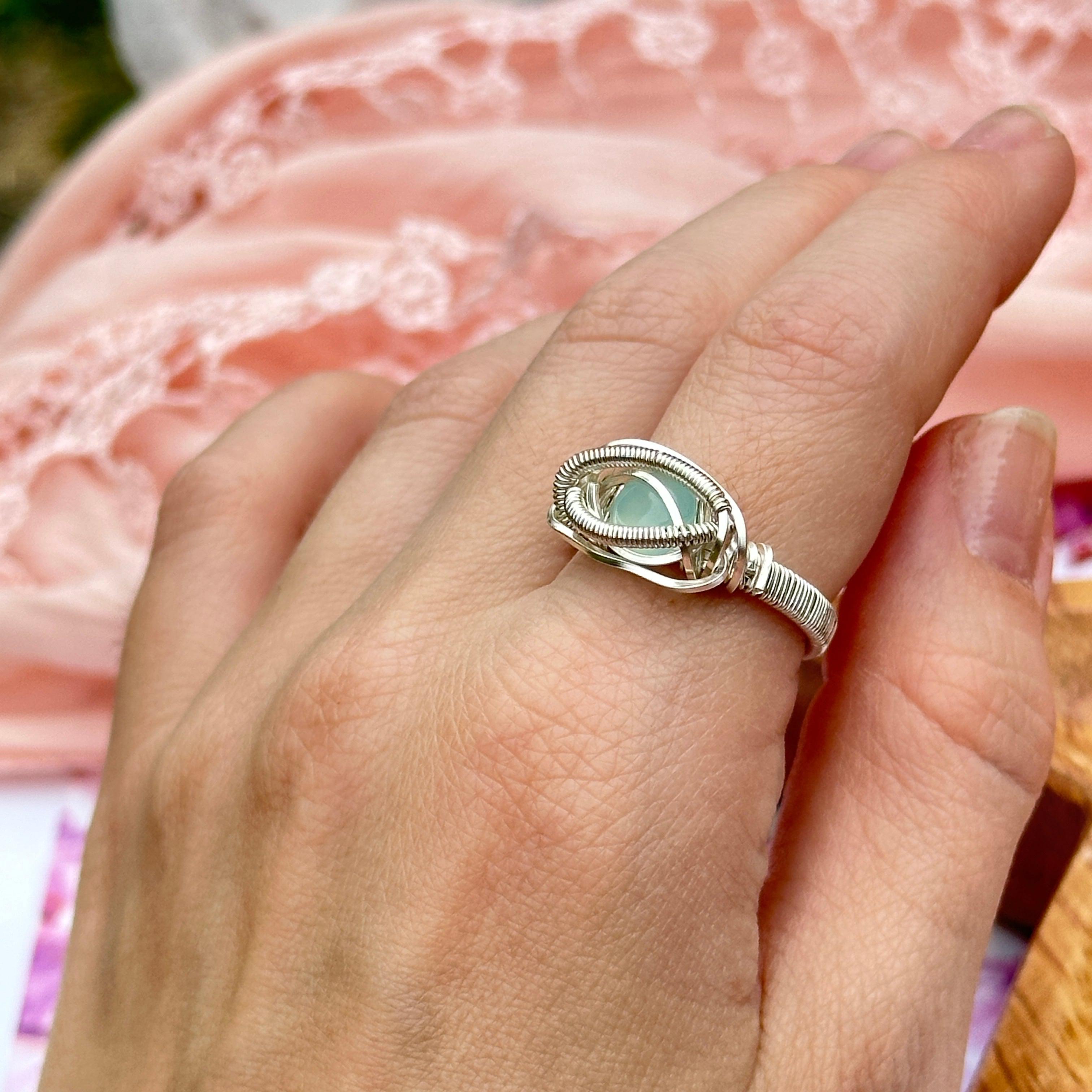 Blue Chalcedony Wire Wrapped Ring in Silver ~ Size 6.5