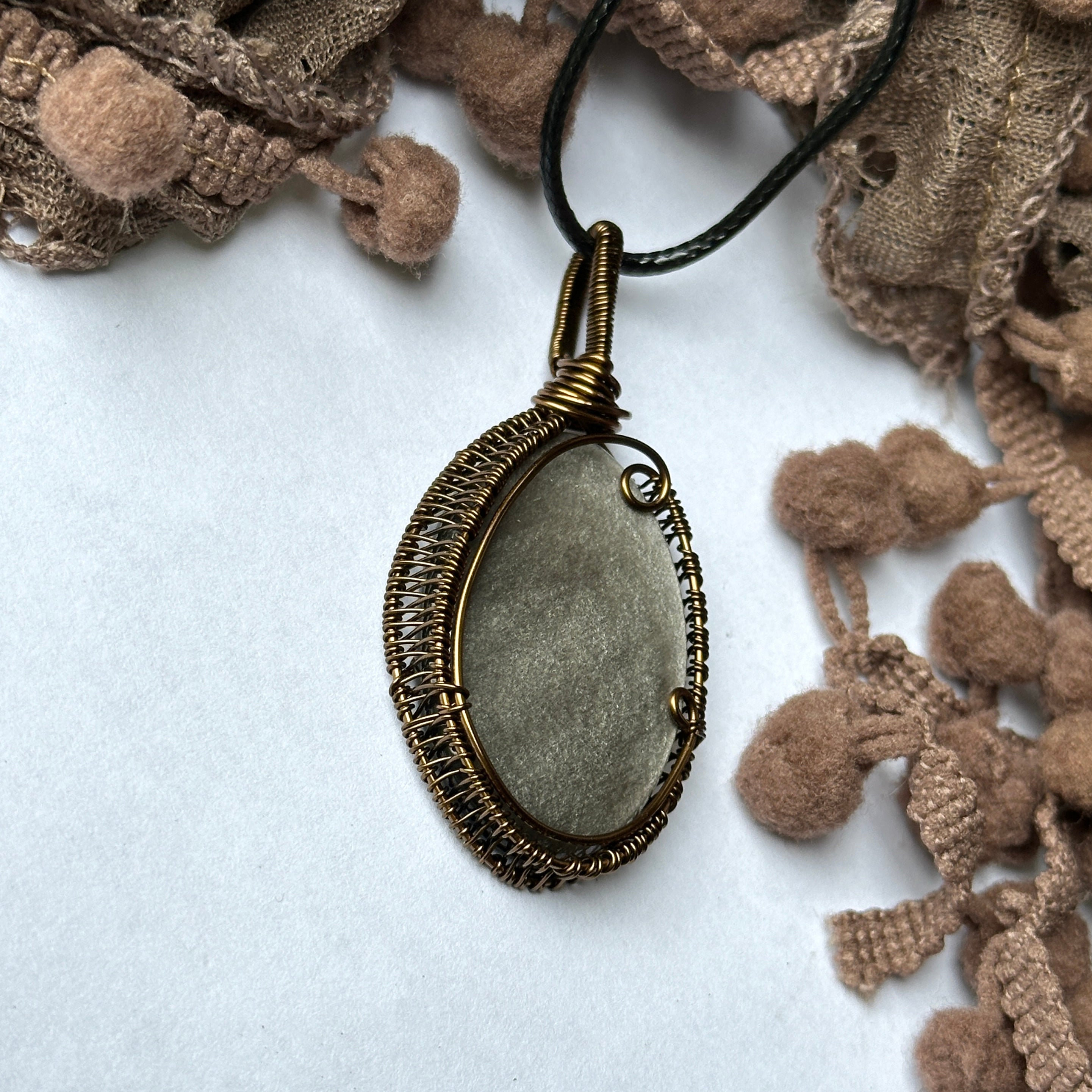 Silver Obsidian Pendant Wire Wrapped in Antique Bronze Setting ~ Necklace Cord Included