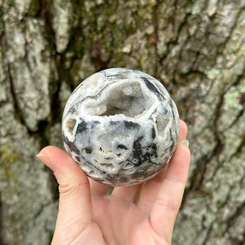 Gorgeous XL Druzy Cave Geode Dendritic Agate Sphere Carving (Includes Stand)