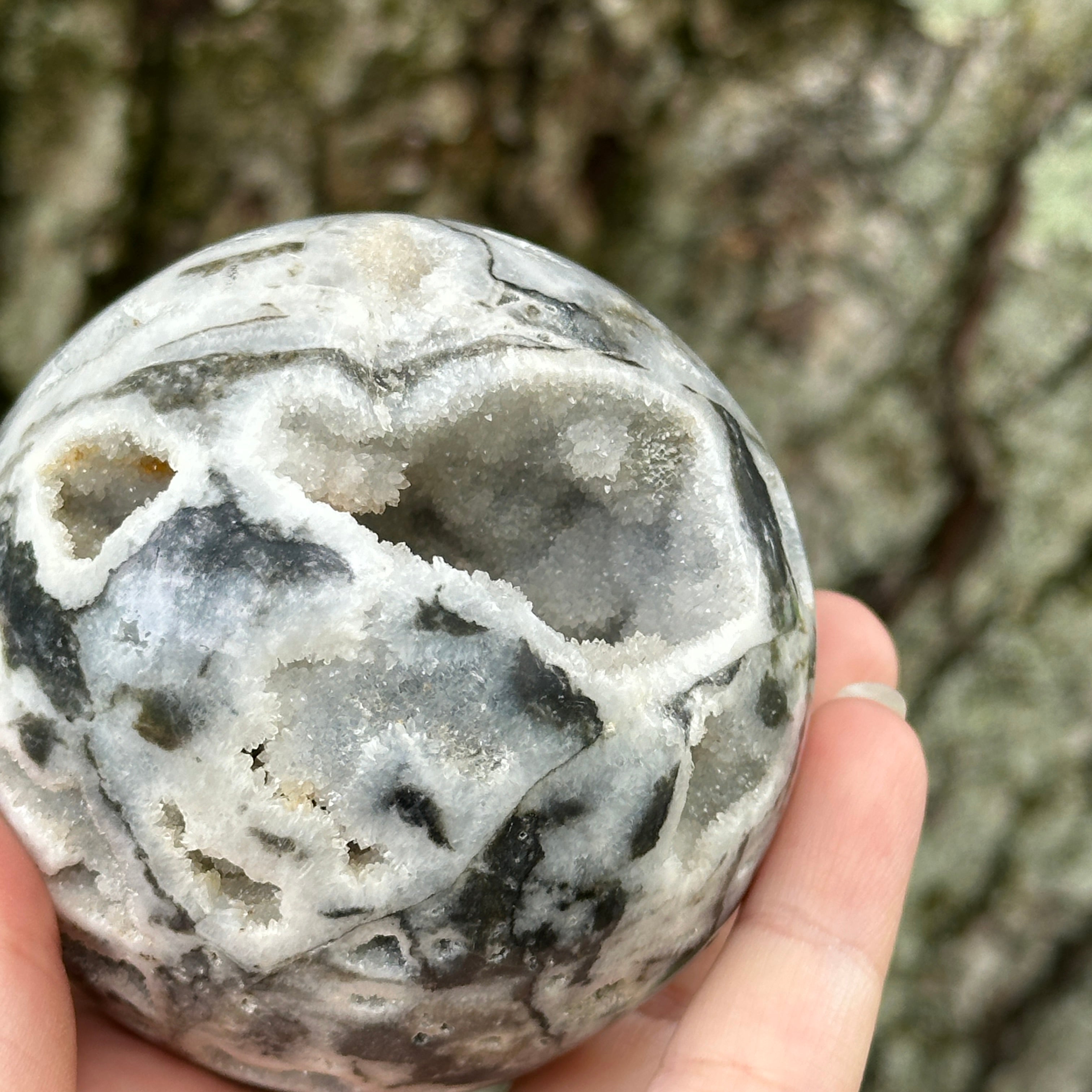 Gorgeous XL Druzy Cave Geode Dendritic Agate Sphere Carving (Includes Stand)