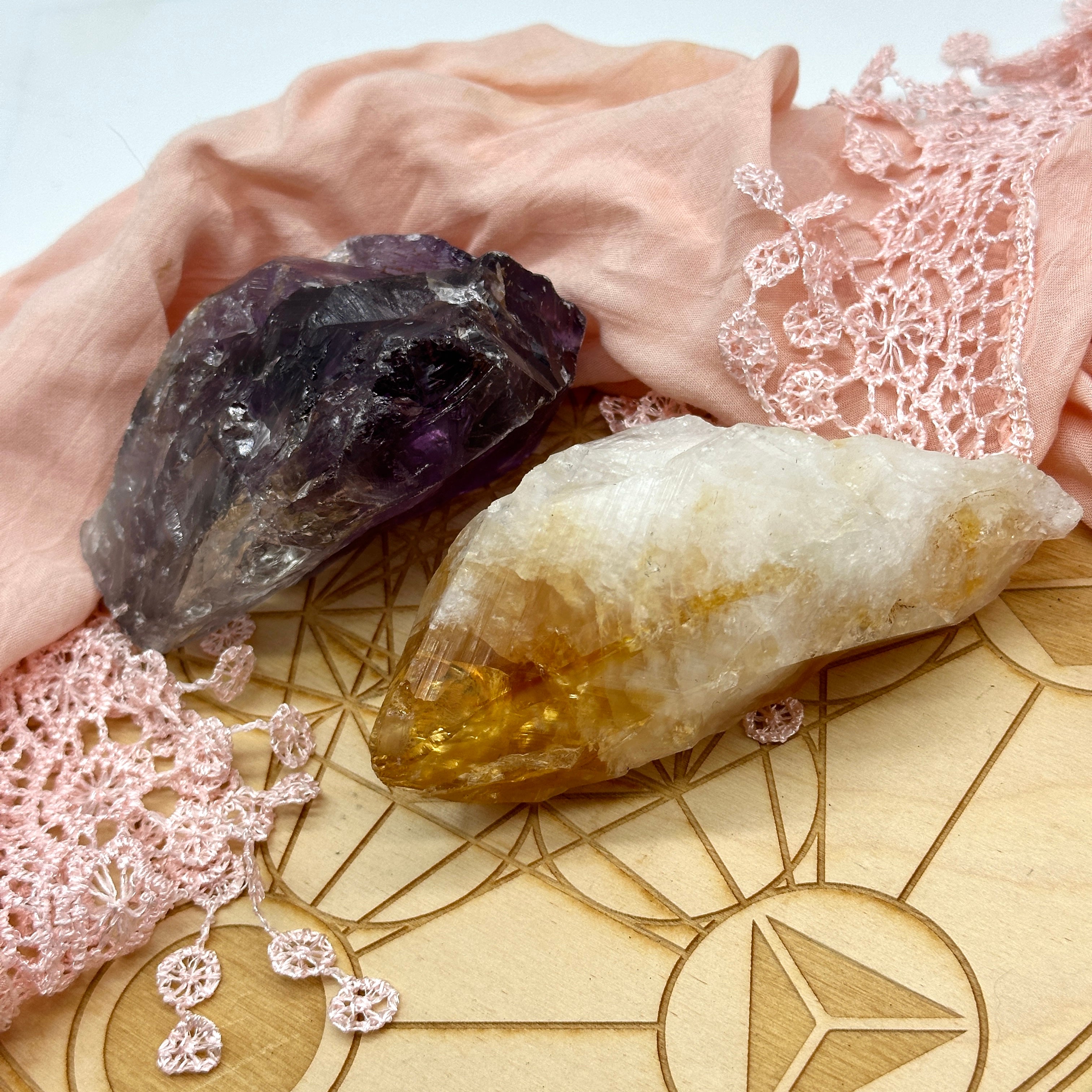 Two Piece Crystal Set ~ Purple Amethyst Chunk and Citrine Point with Rainbows ~ Crystals from Brazil