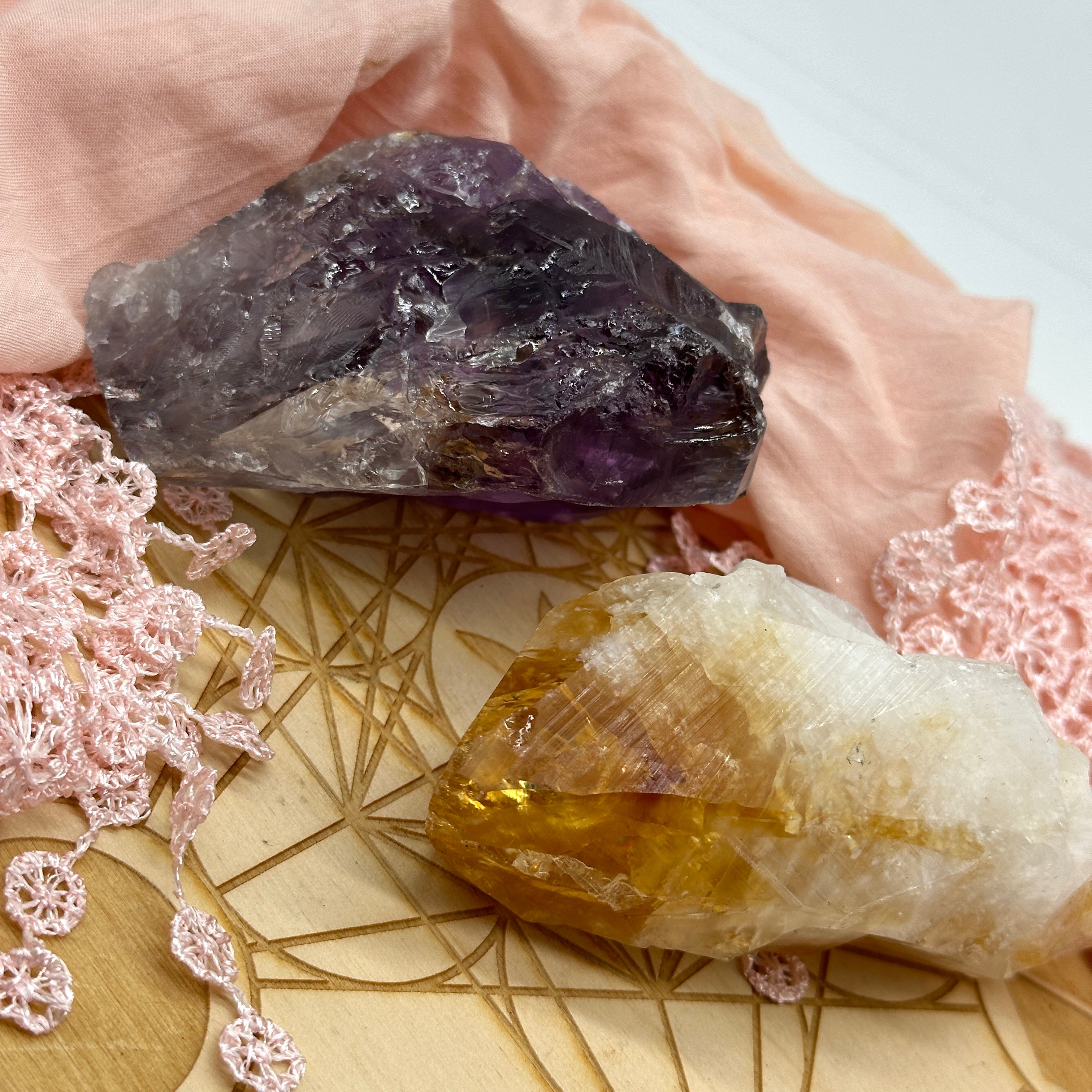 Two Piece Crystal Set ~ Purple Amethyst Chunk and Citrine Point with Rainbows ~ Crystals from Brazil