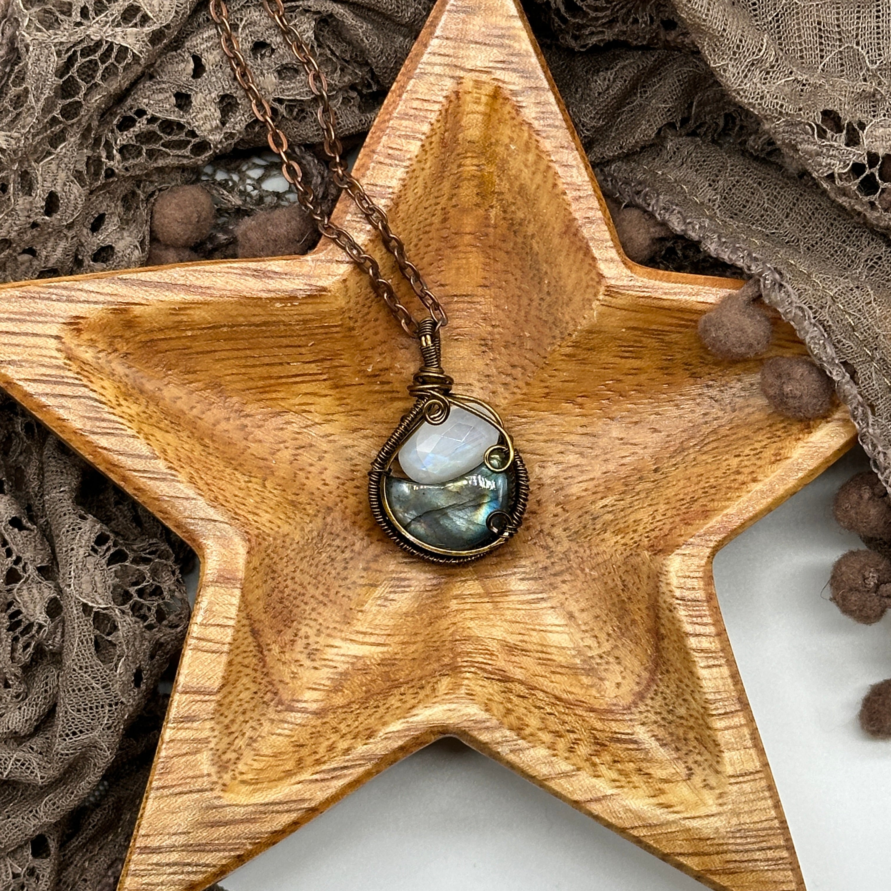 Labradorite Moon Mystic Pendant with Moonstone Crystal Accents ~ Includes Necklace Cord