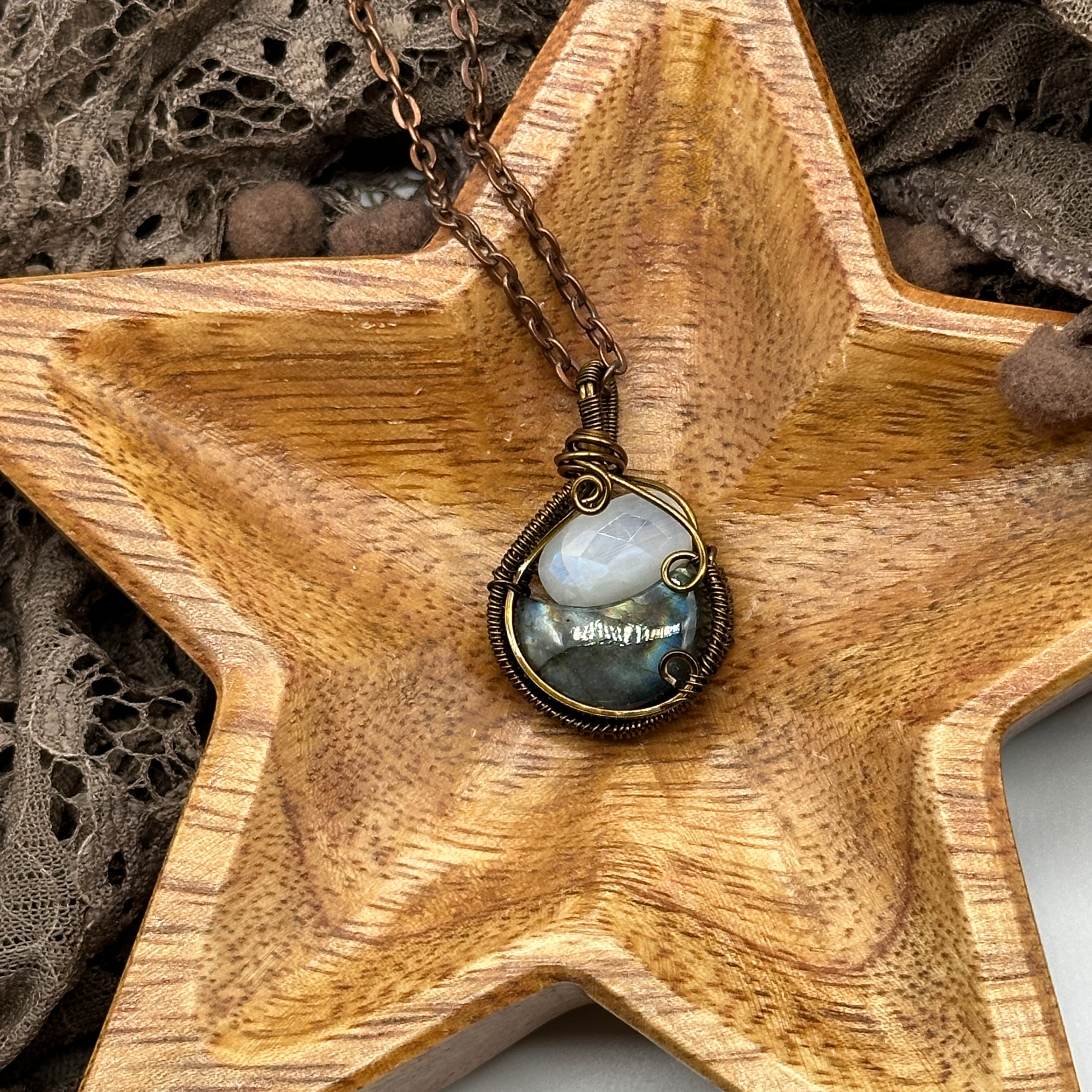 Labradorite Moon Mystic Pendant with Moonstone Crystal Accents ~ Includes Necklace Cord