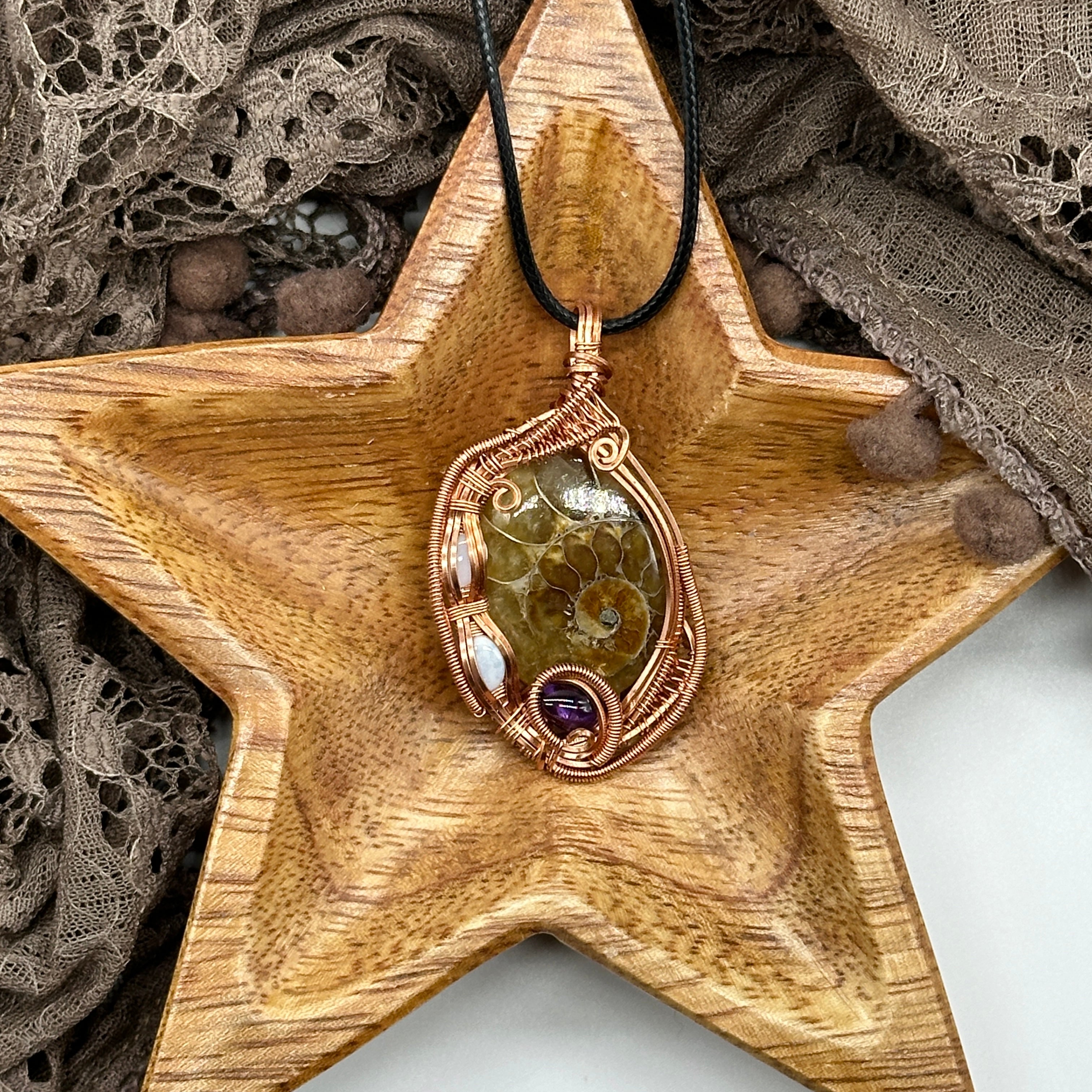 Ancient Ammolite Polished Fossil Pendant ~ Wire Wrapped with Amethyst and Opal Accents