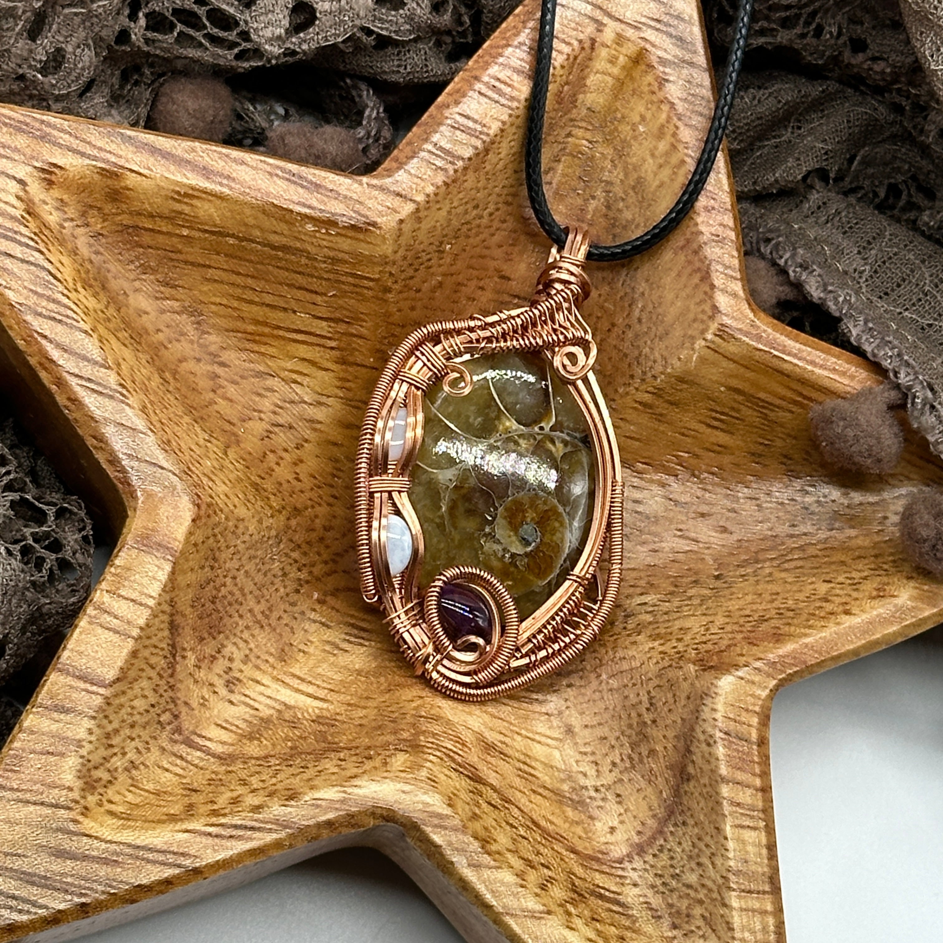 Ancient Ammolite Polished Fossil Pendant ~ Wire Wrapped with Amethyst and Opal Accents