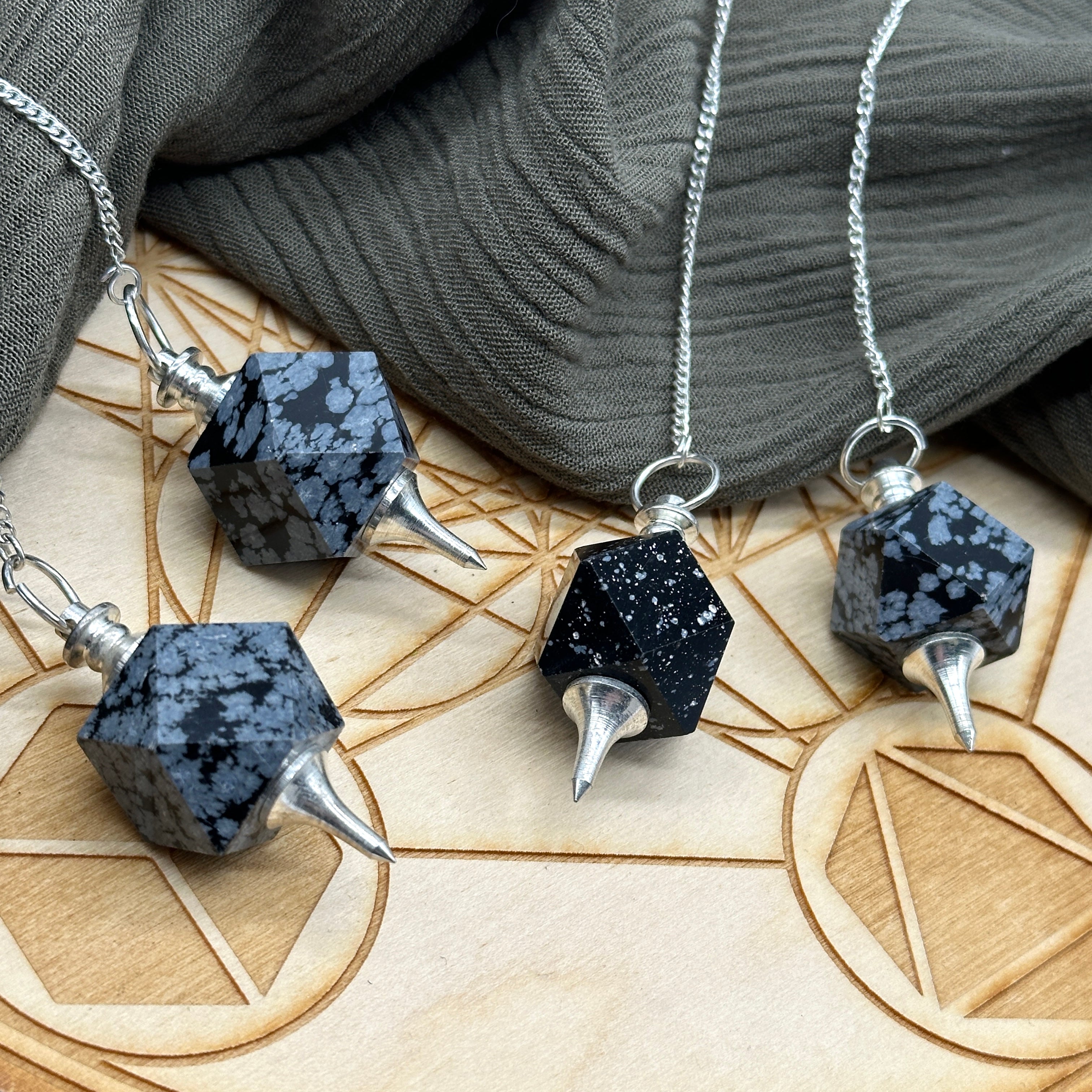 Snowflake Obsidian Crystal Geometric Carved Pendulum