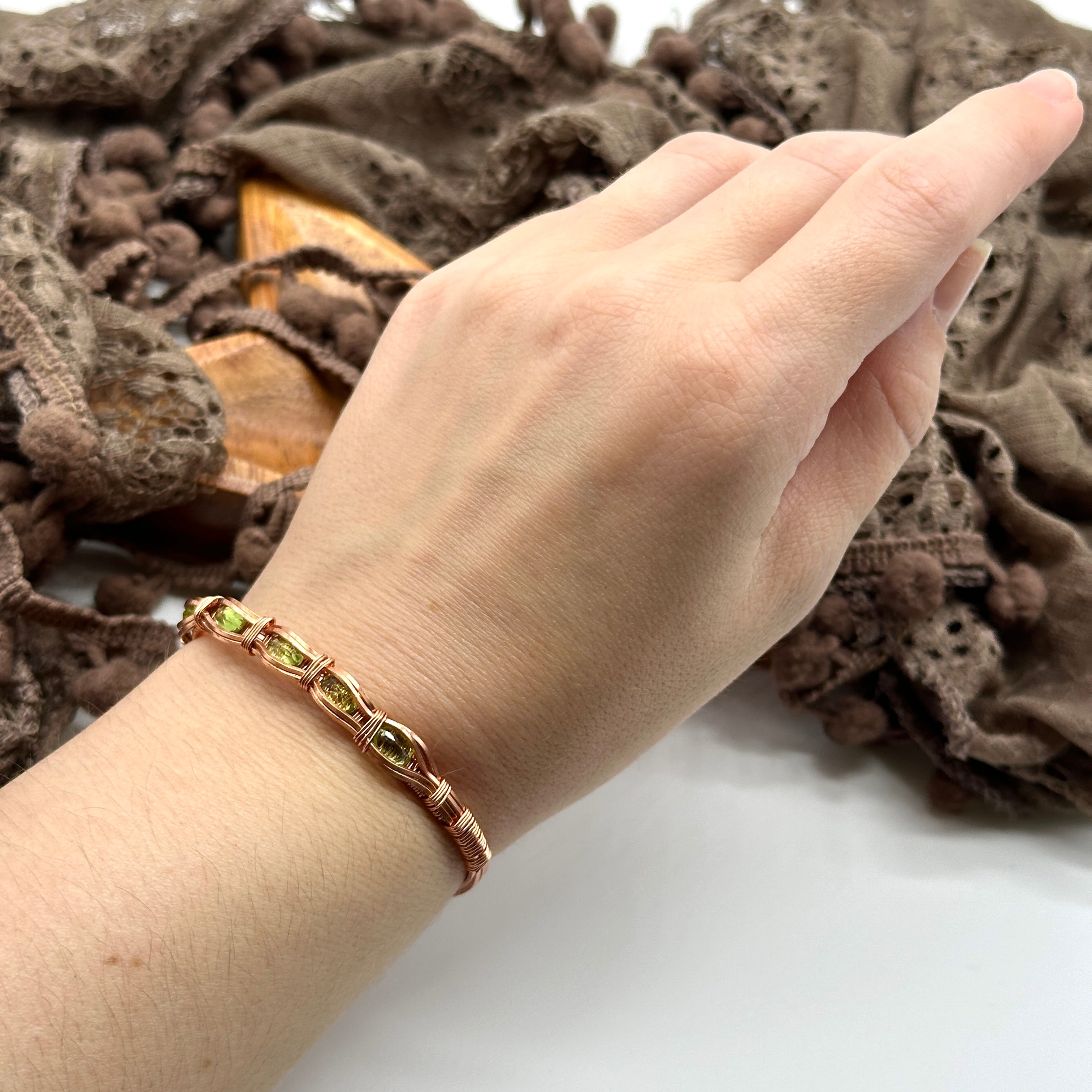 Dainty Amethyst and Peridot Crystal and Copper ~ Wire Wrapped Bangle Bracelet