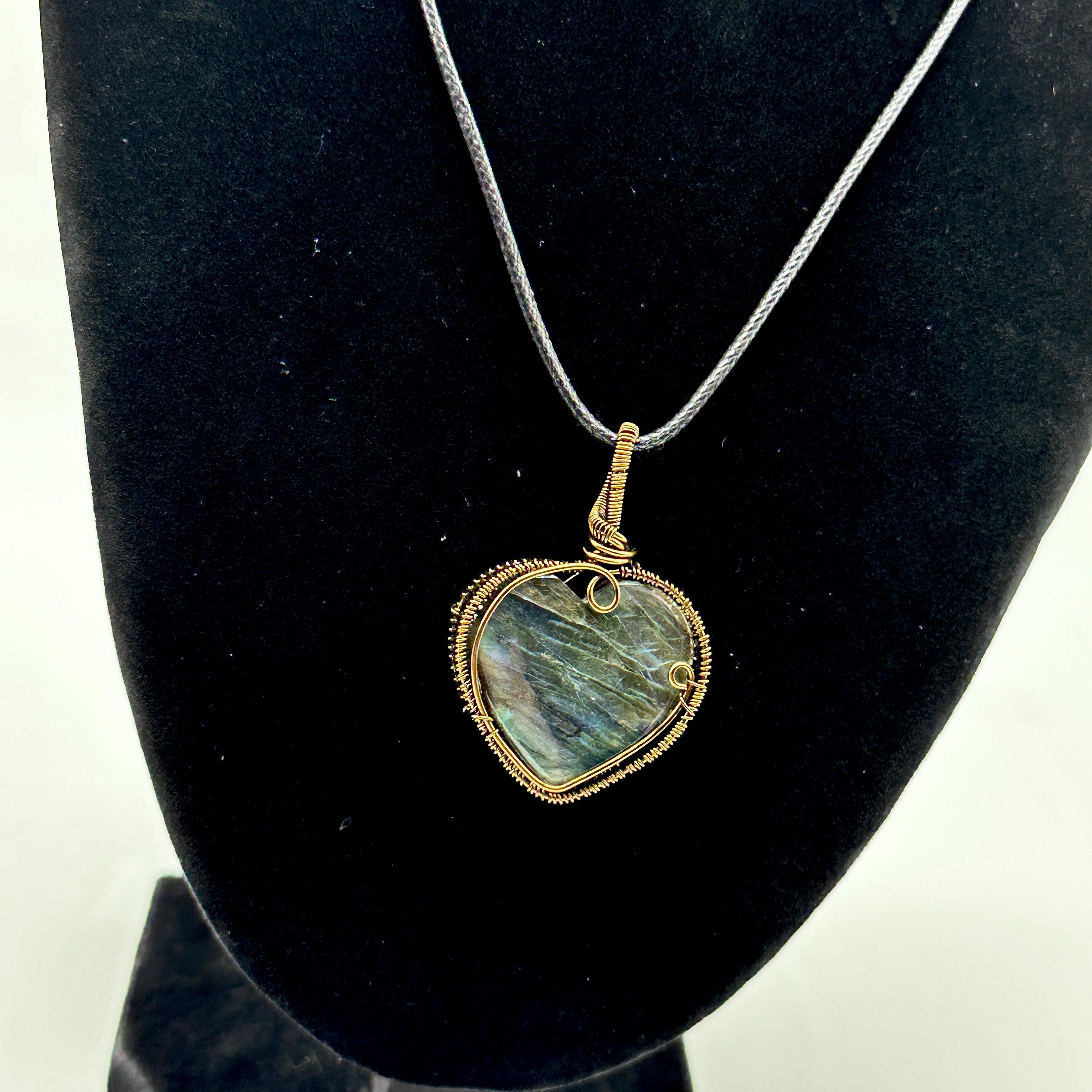 Antique Brass Pendant with Flashy Labradorite Gemstone Heart