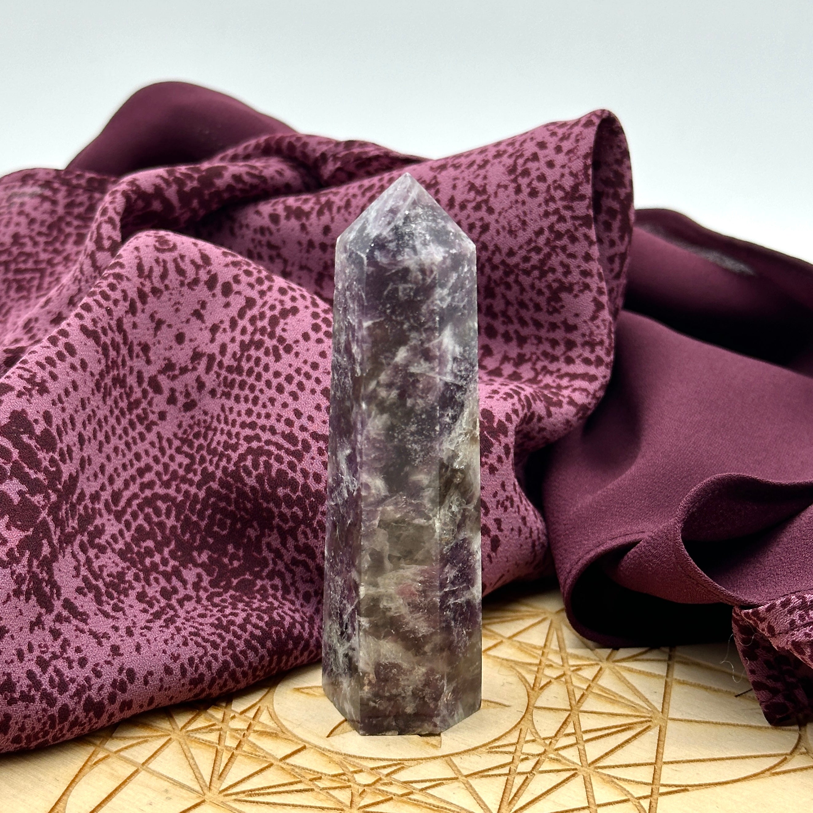 Sparkling Purple Mica Lepidolite Gemstone Tower Carving