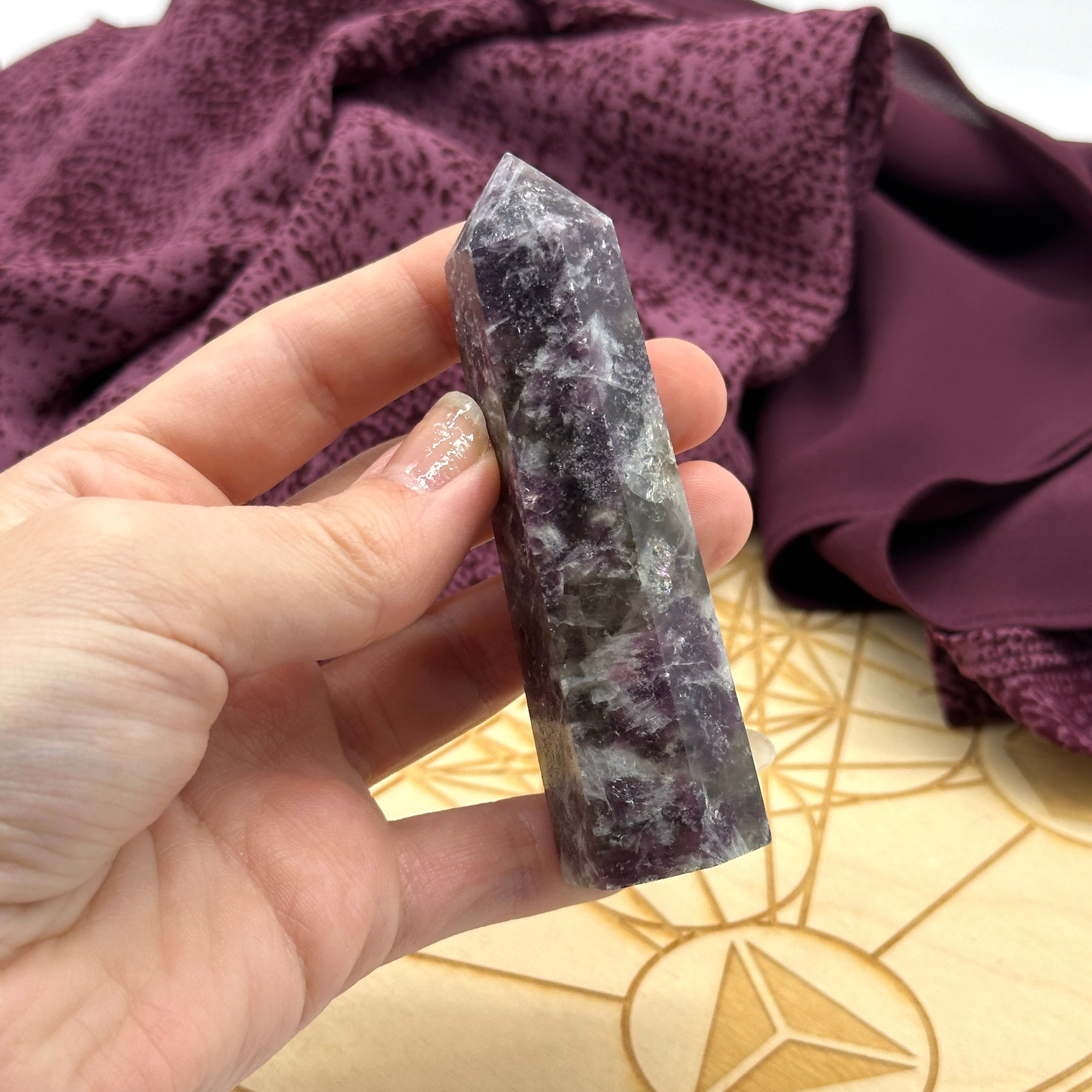Sparkling Purple Mica Lepidolite Gemstone Tower Carving