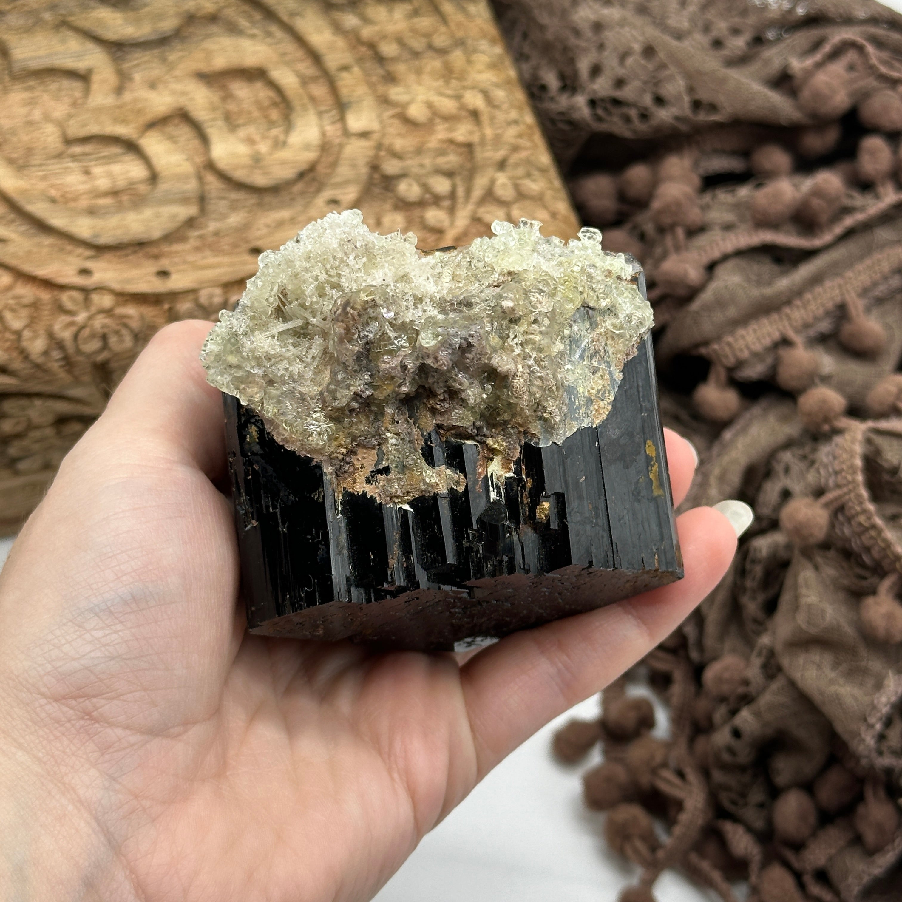 Rare Gemmy Black Tourmaline with UV Reactive Hyalite Opal Crust from Namibia, Africa