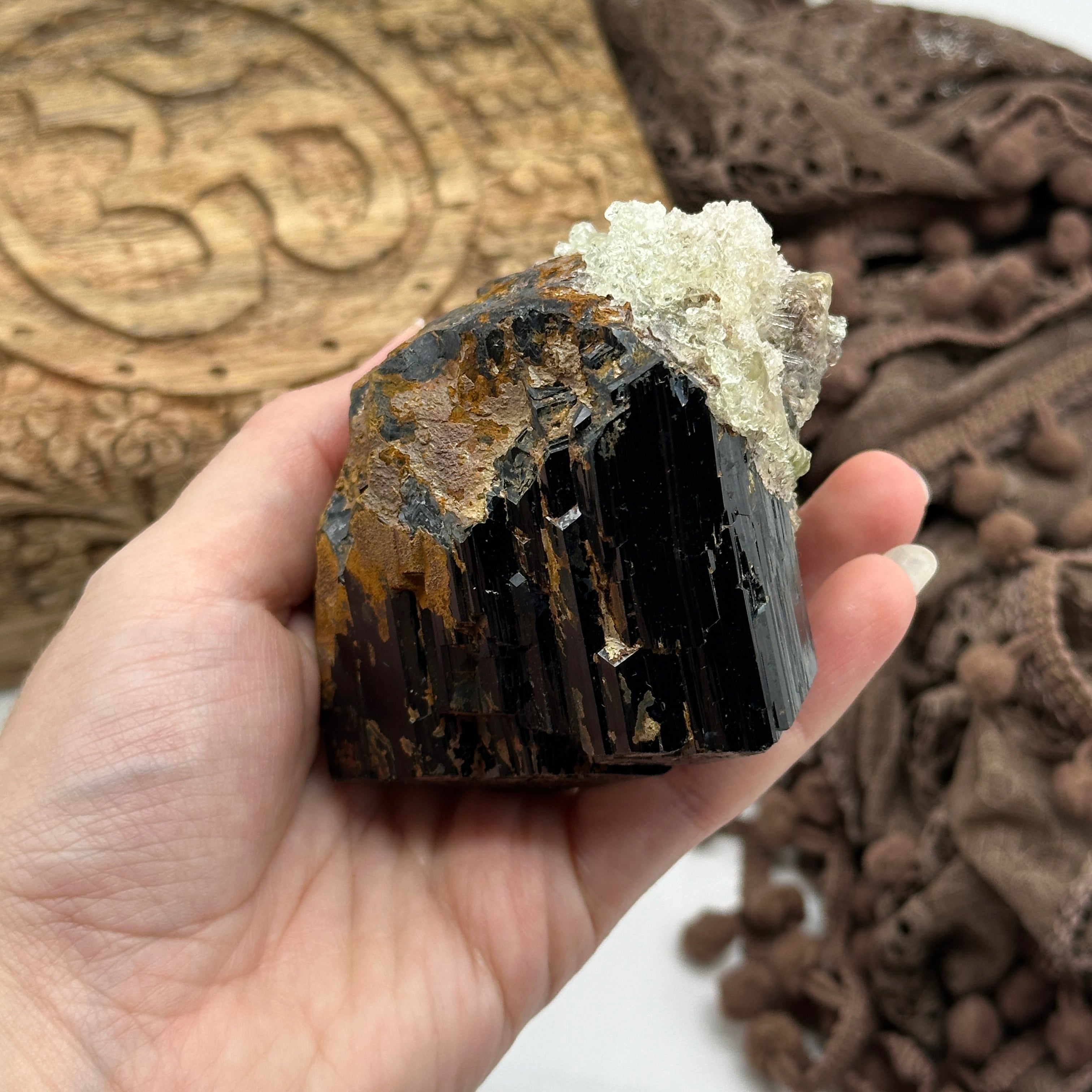 Rare Gemmy Black Tourmaline with UV Reactive Hyalite Opal Crust from Namibia, Africa