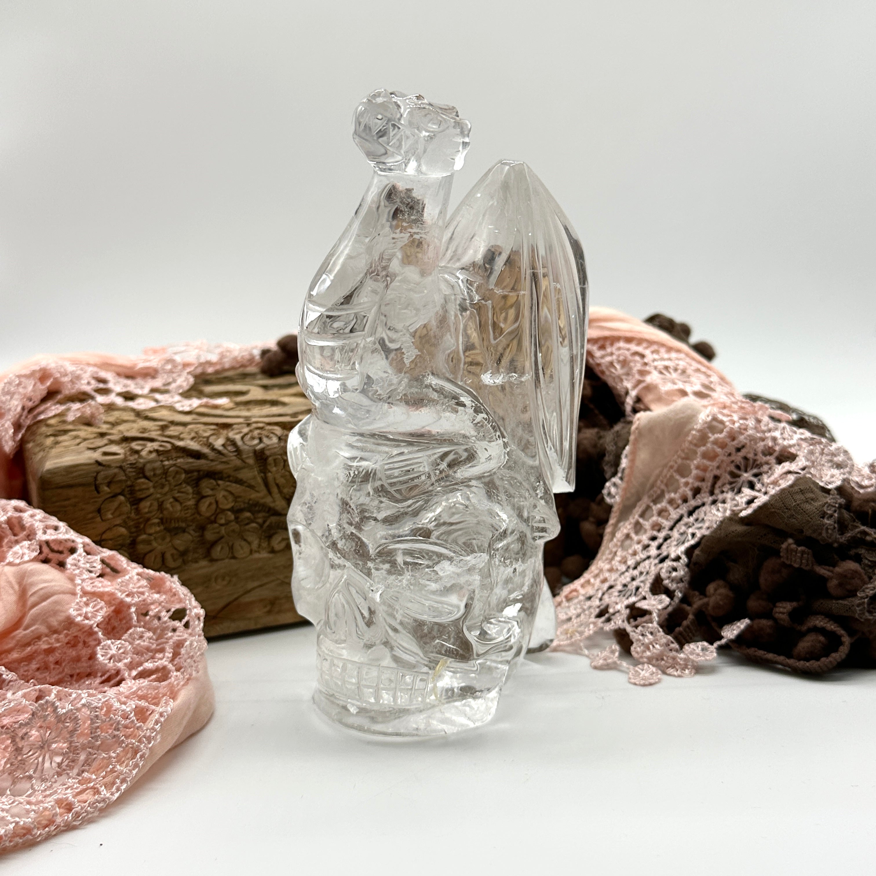 Clear Quartz Crystal Dragon and Skull Luxury Carving Display from Brazil
