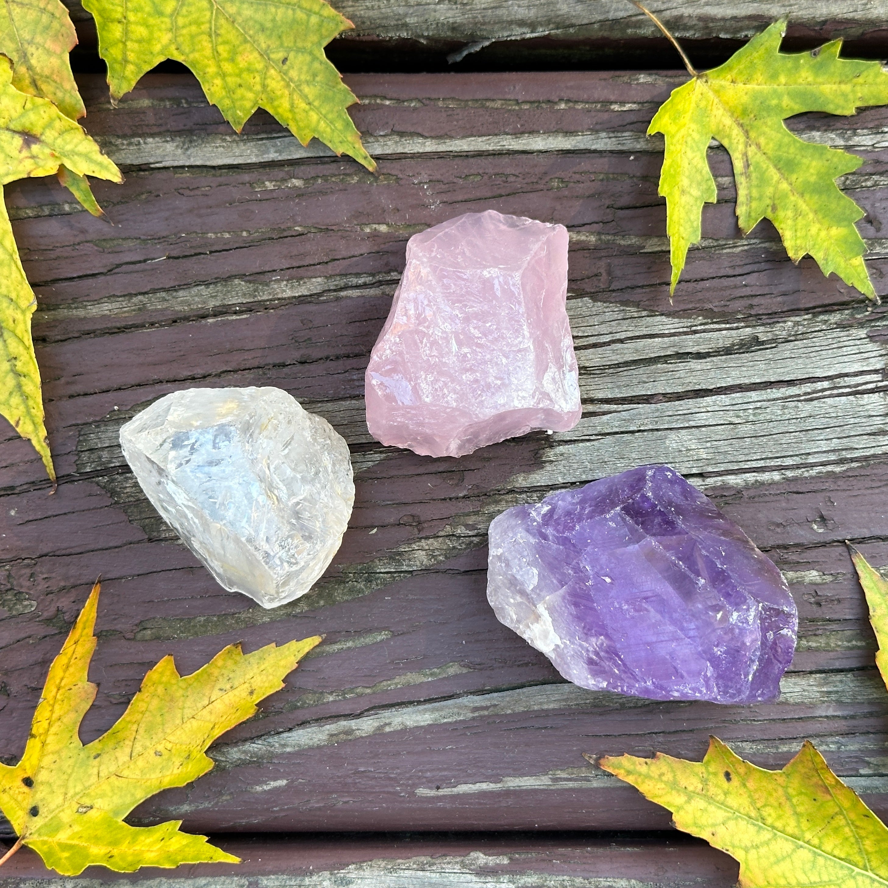 The Rainbow Healing Trinity Set Of Quartz Crystals ~ Pink Rose Quartz, Purple Amethyst, and Gemmy Clear Quartz with Rainbow