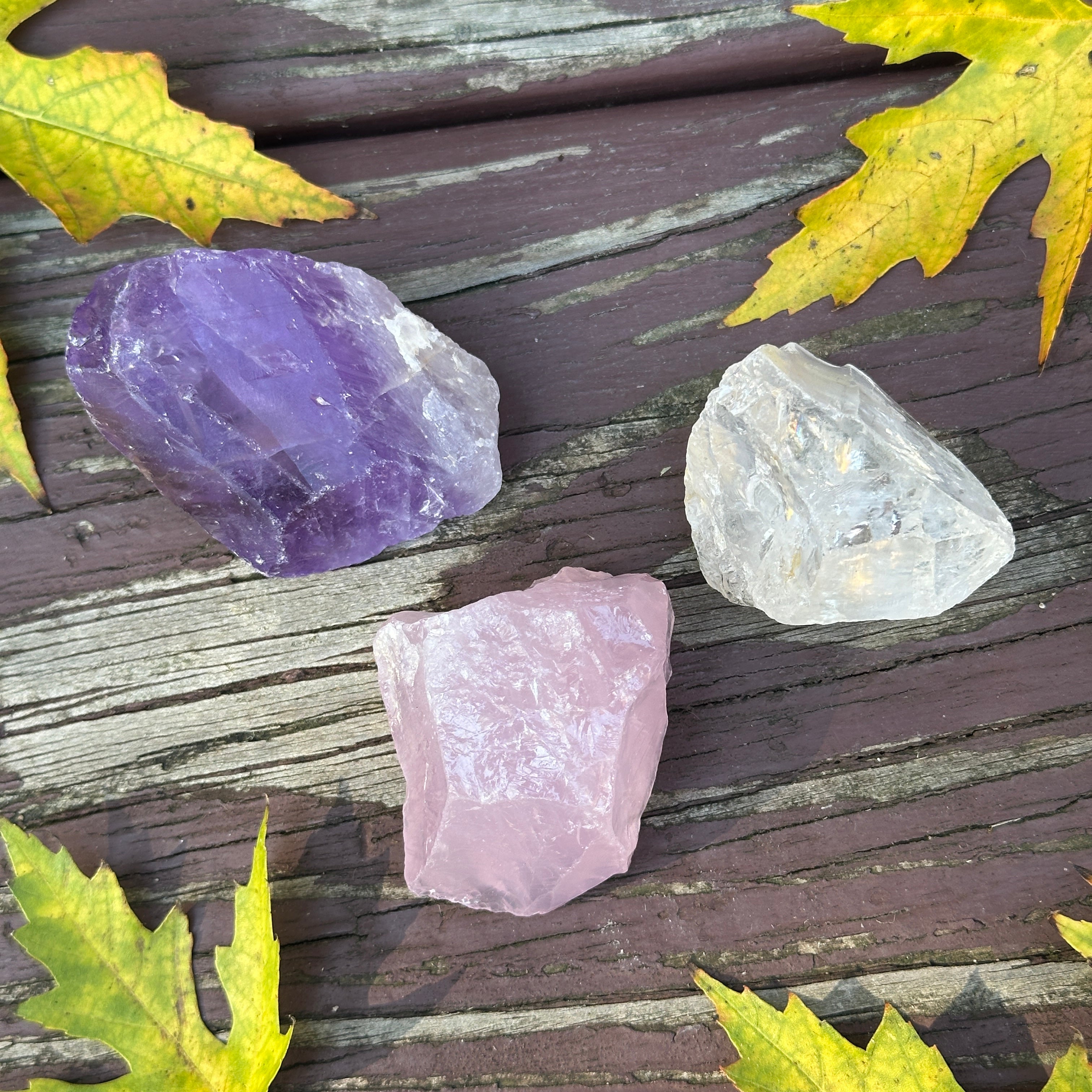 The Rainbow Healing Trinity Set Of Quartz Crystals ~ Pink Rose Quartz, Purple Amethyst, and Gemmy Clear Quartz with Rainbow