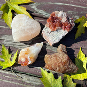Kundali Set of 4 Lower Chakra Crystals ~ Red Fire Quartz Cluster, Orange Carnelian Hand Collected in Washington, USA, Yellow Citrine Crystal Point, & Himalayan Salt Crystal Heart Carving