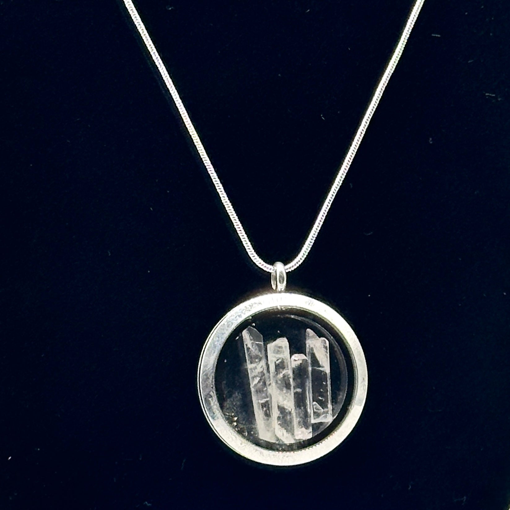 Natural Floating Danburite Points in Glass Locket Stainless Steel Pendant (Includes Silver Chain)