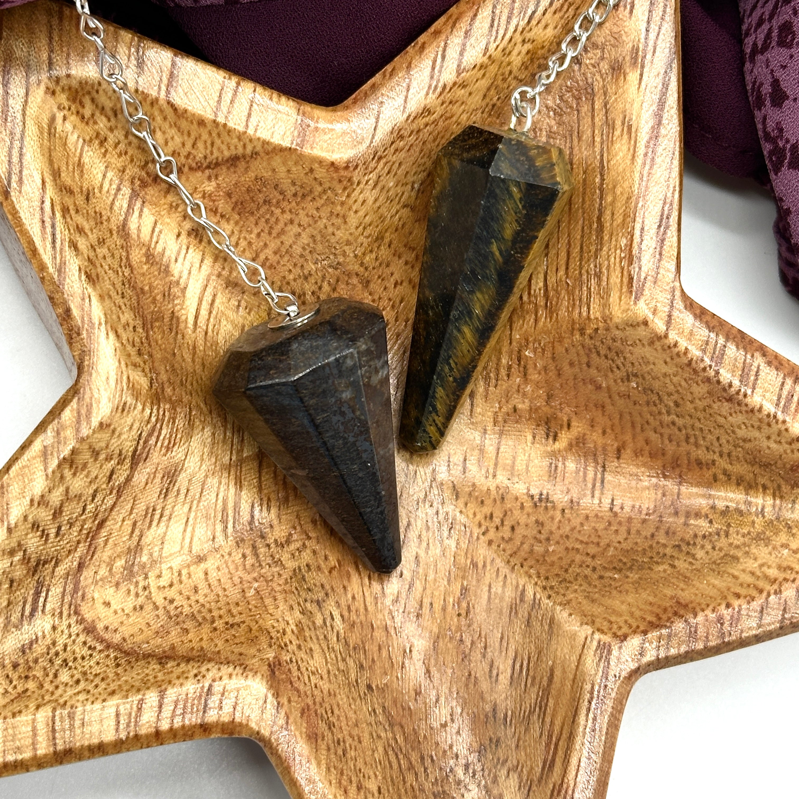 Earth and Wood ~ Grounding Set of Two Gemstone Tapered Pendulums ~ Tiger's Eye and Bronzite