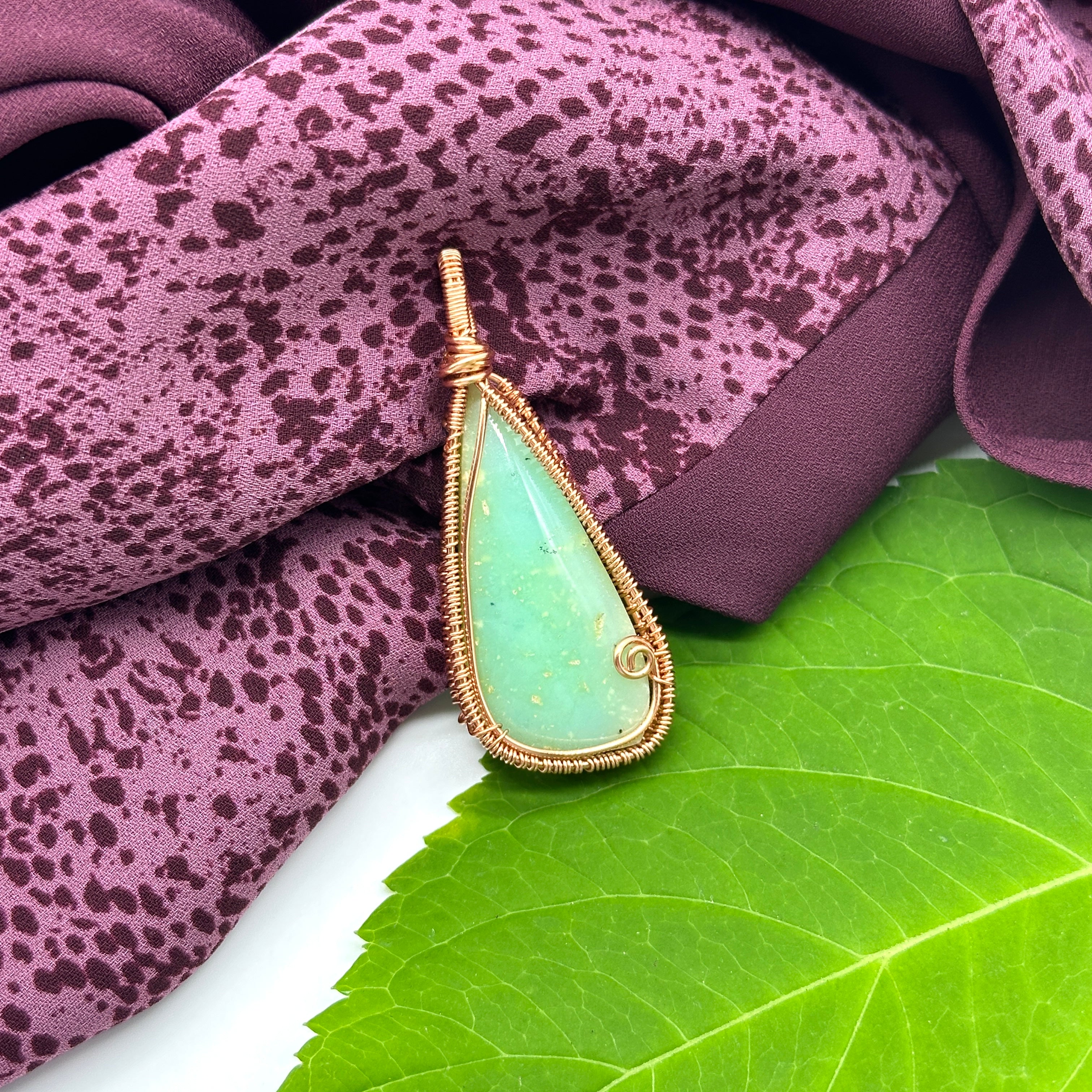 Green Chrysoprase Copper Wrapped Evergreen Pendant ~ Includes Necklace Cord