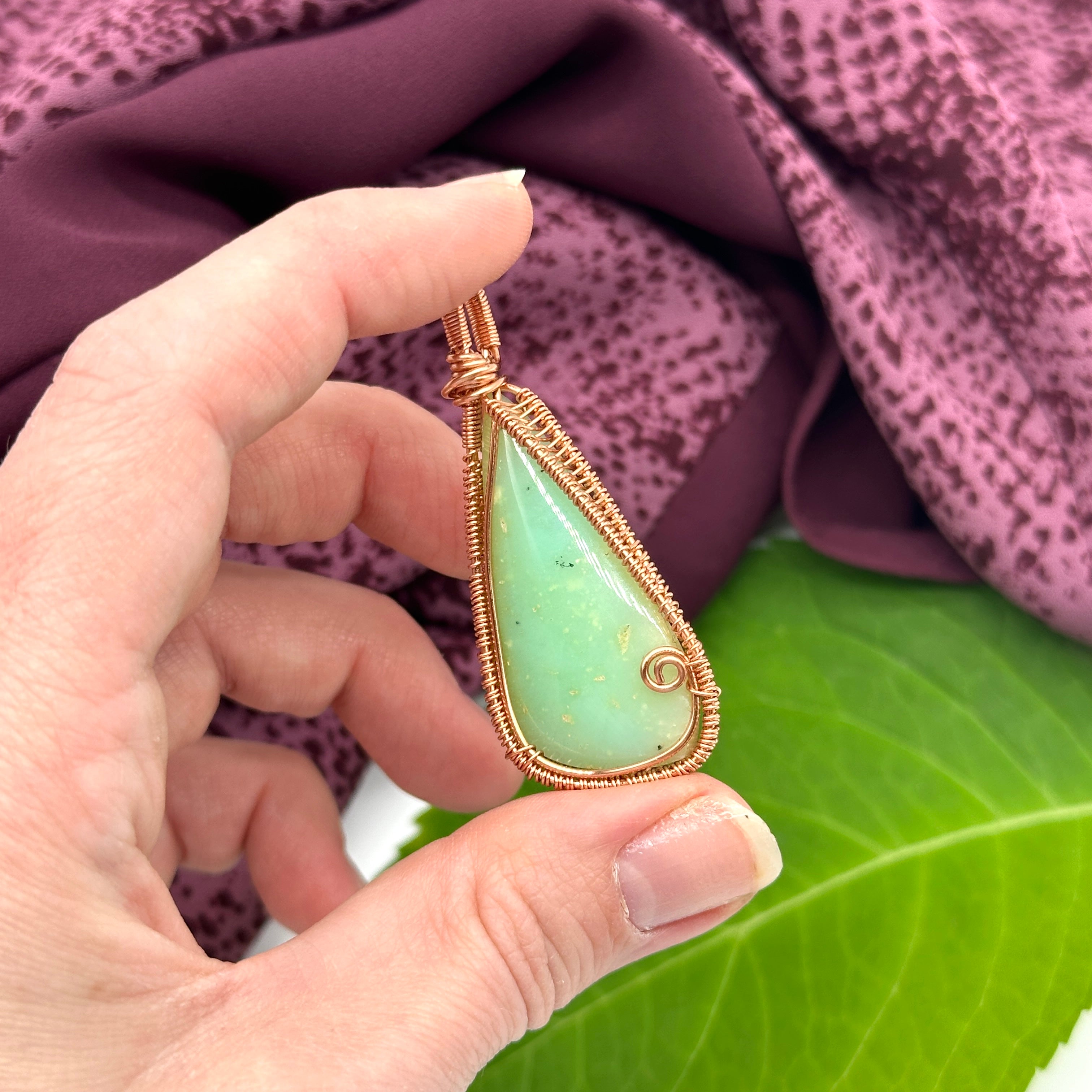 Green Chrysoprase Copper Wrapped Evergreen Pendant ~ Includes Necklace Cord