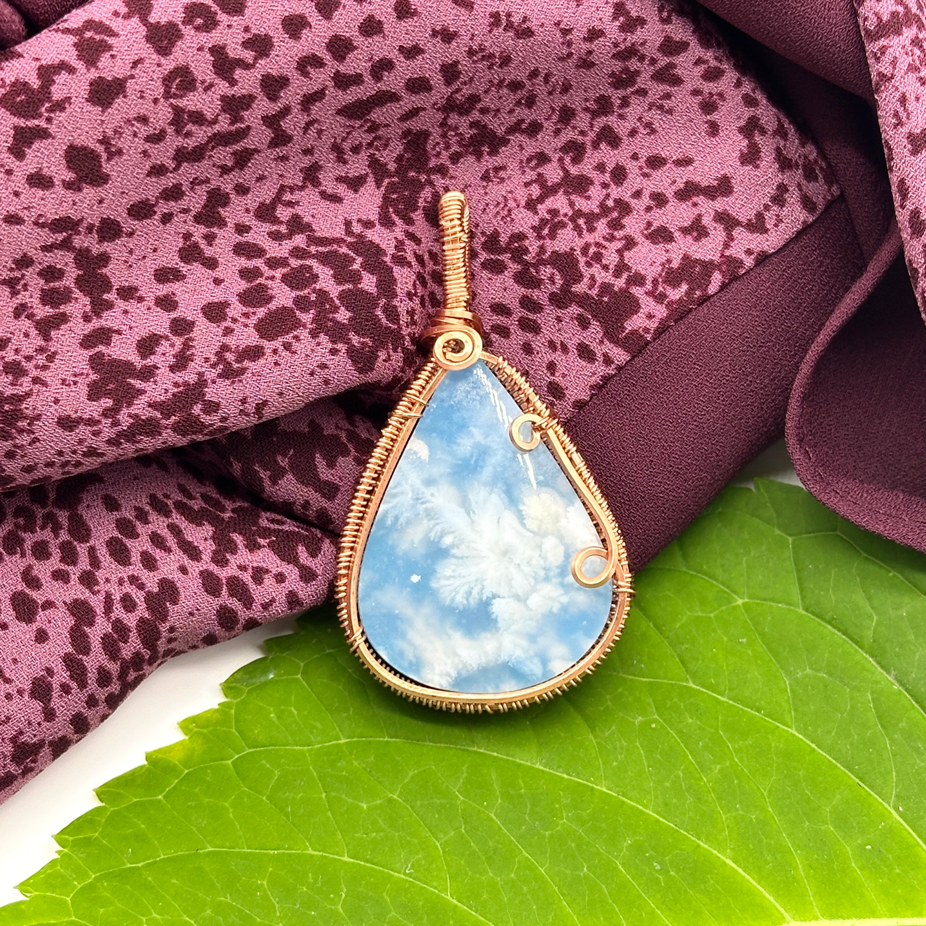 Plume Agate with Sky Blue Backdrop Pendant Wrapped in Copper Wire ~ Includes Necklace Cord