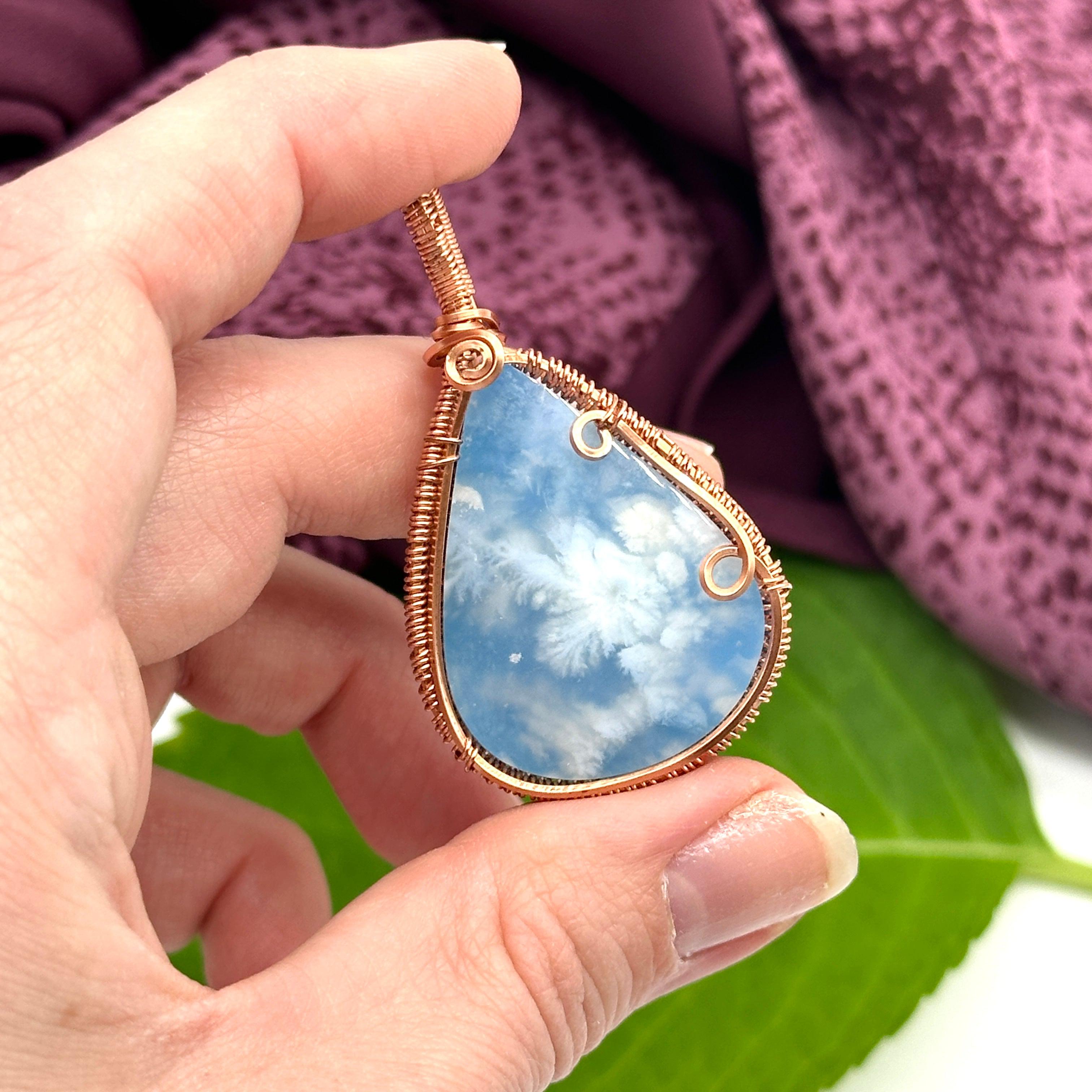 Plume Agate with Sky Blue Backdrop Pendant Wrapped in Copper Wire ~ Includes Necklace Cord