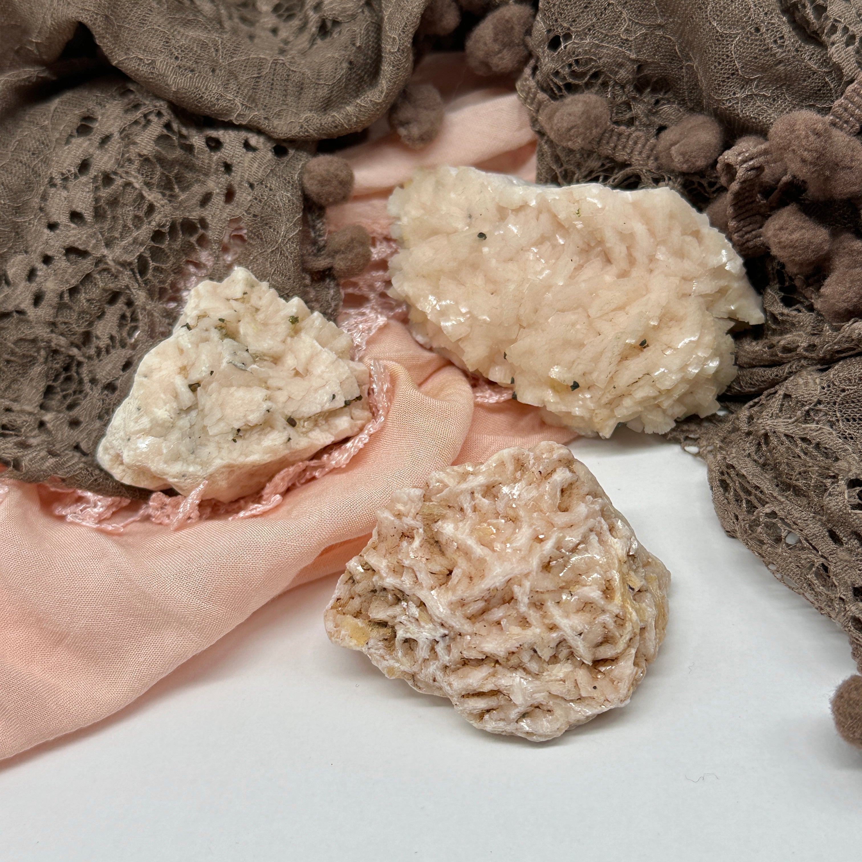 Tranquil Trio ~ Set of Pink Dolomite Crystals with Shimmering Tops ~ Golden Pyrite Inclusions