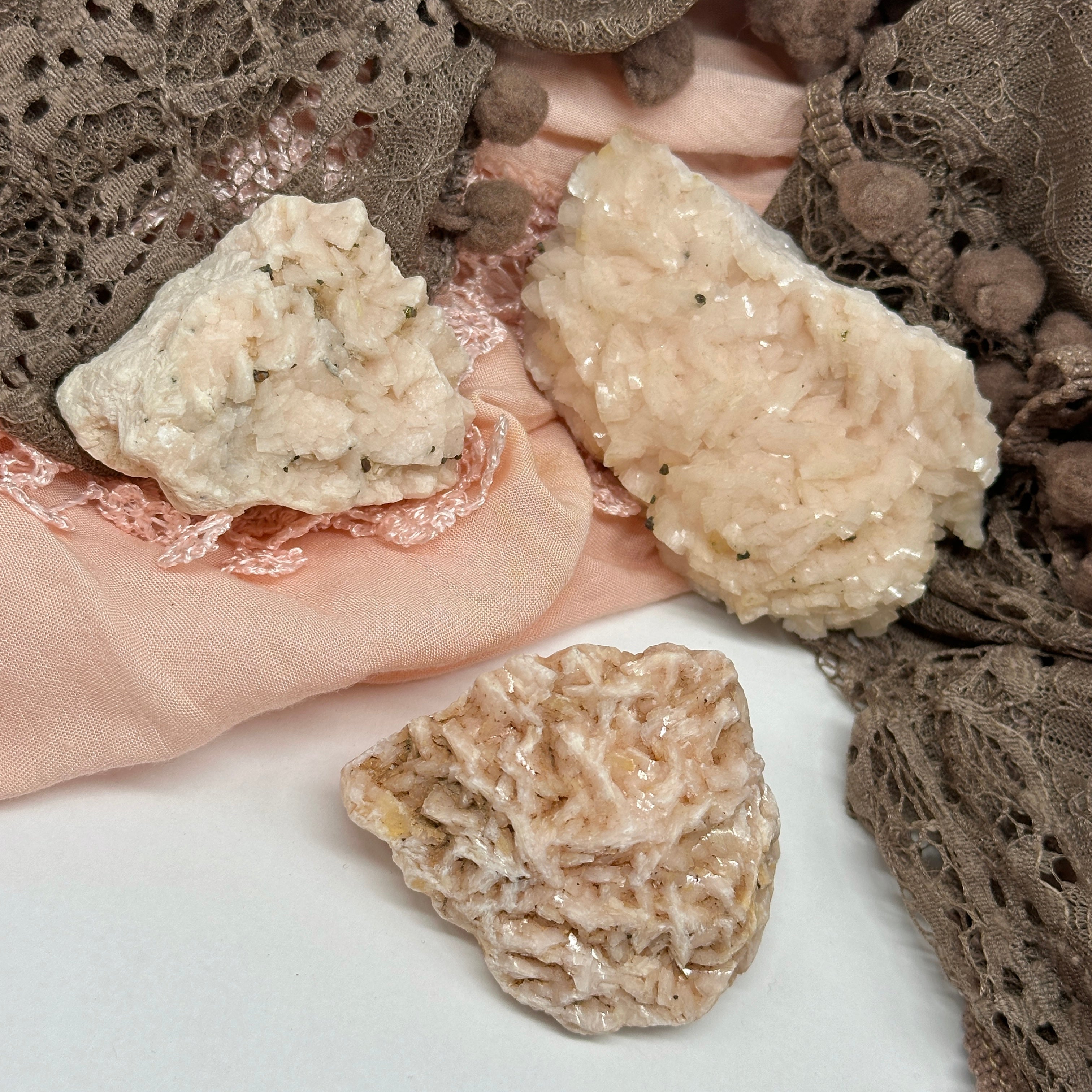 Tranquil Trio ~ Set of Pink Dolomite Crystals with Shimmering Tops ~ Golden Pyrite Inclusions