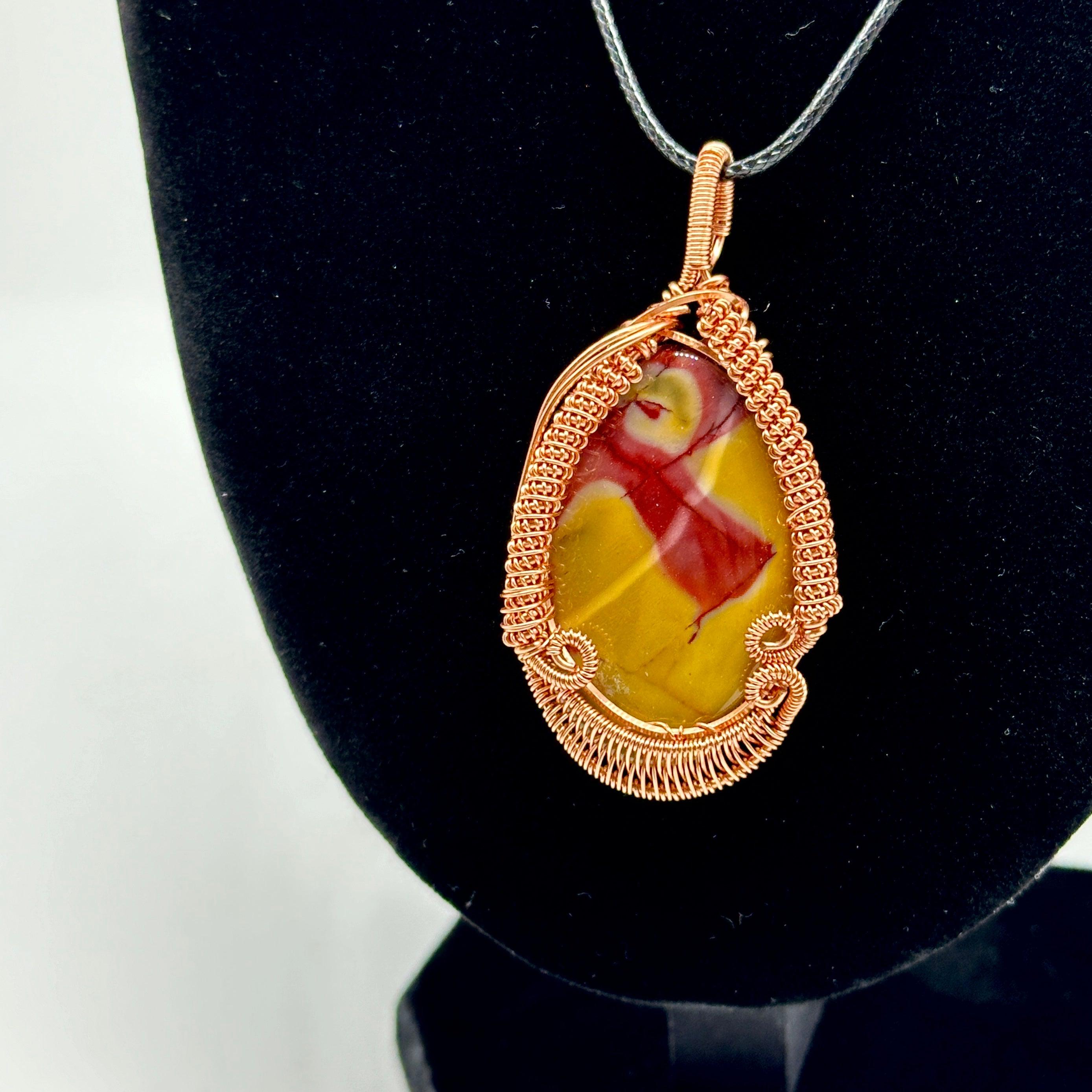Radiant Red and Yellow Mookaite Jasper and Copper Wire Wrapped Pendant ~ Includes Necklace Cord
