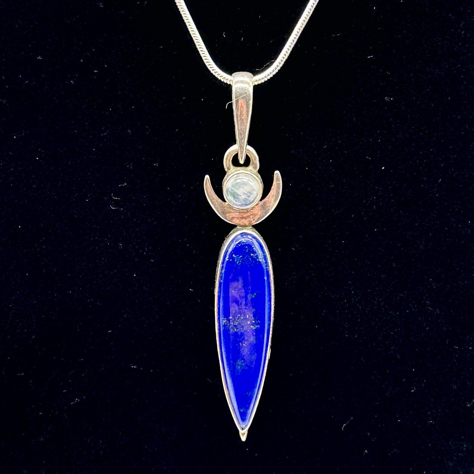 Brilliant Blue Lapis Lazuli and Moonstone Goddess Antique Gemstone and Silver Pendant ~ Includes Silver Chain