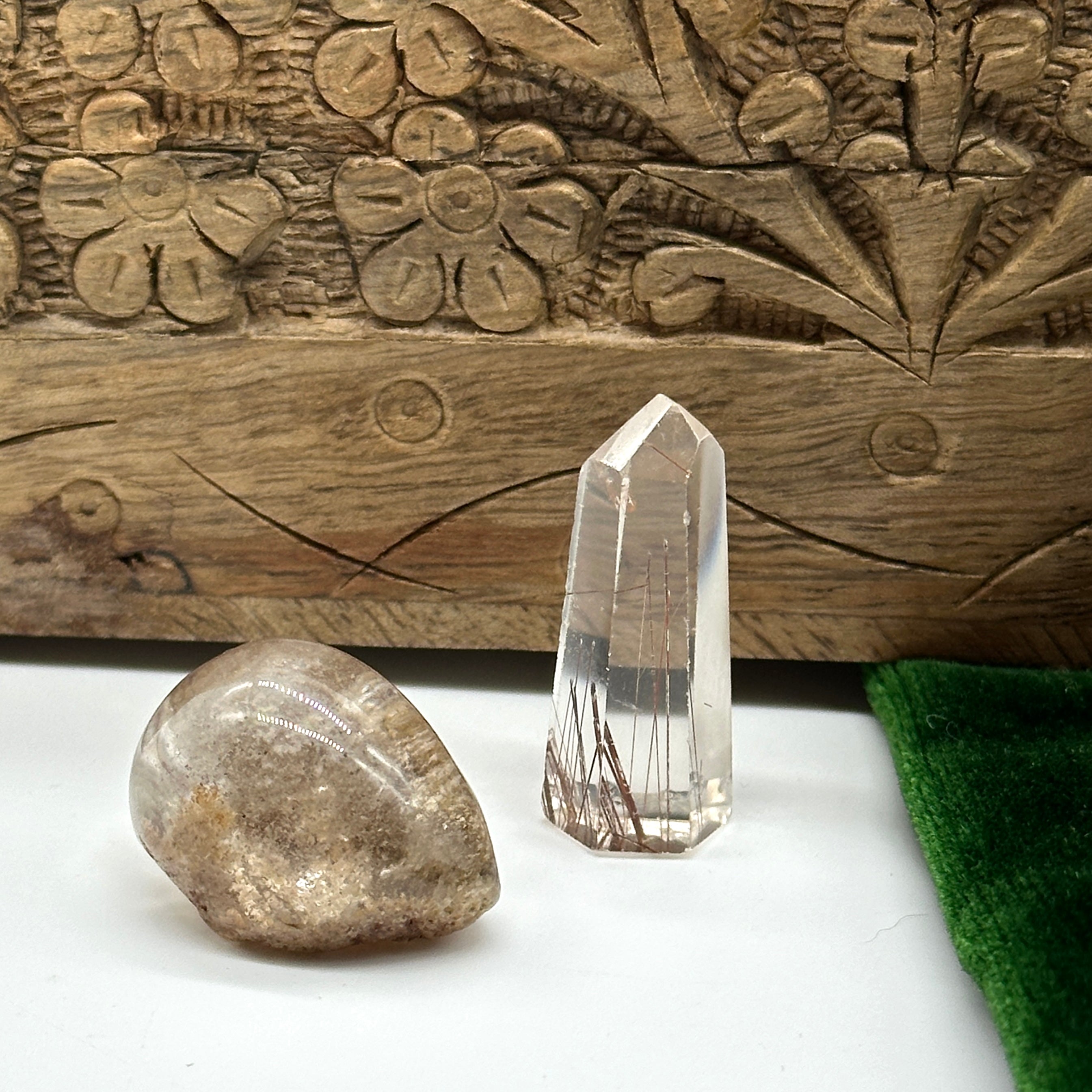 Crystal Set of Shamanic Seed Quartz Carving & Mini Grade A Rutile Quartz Tower Carving