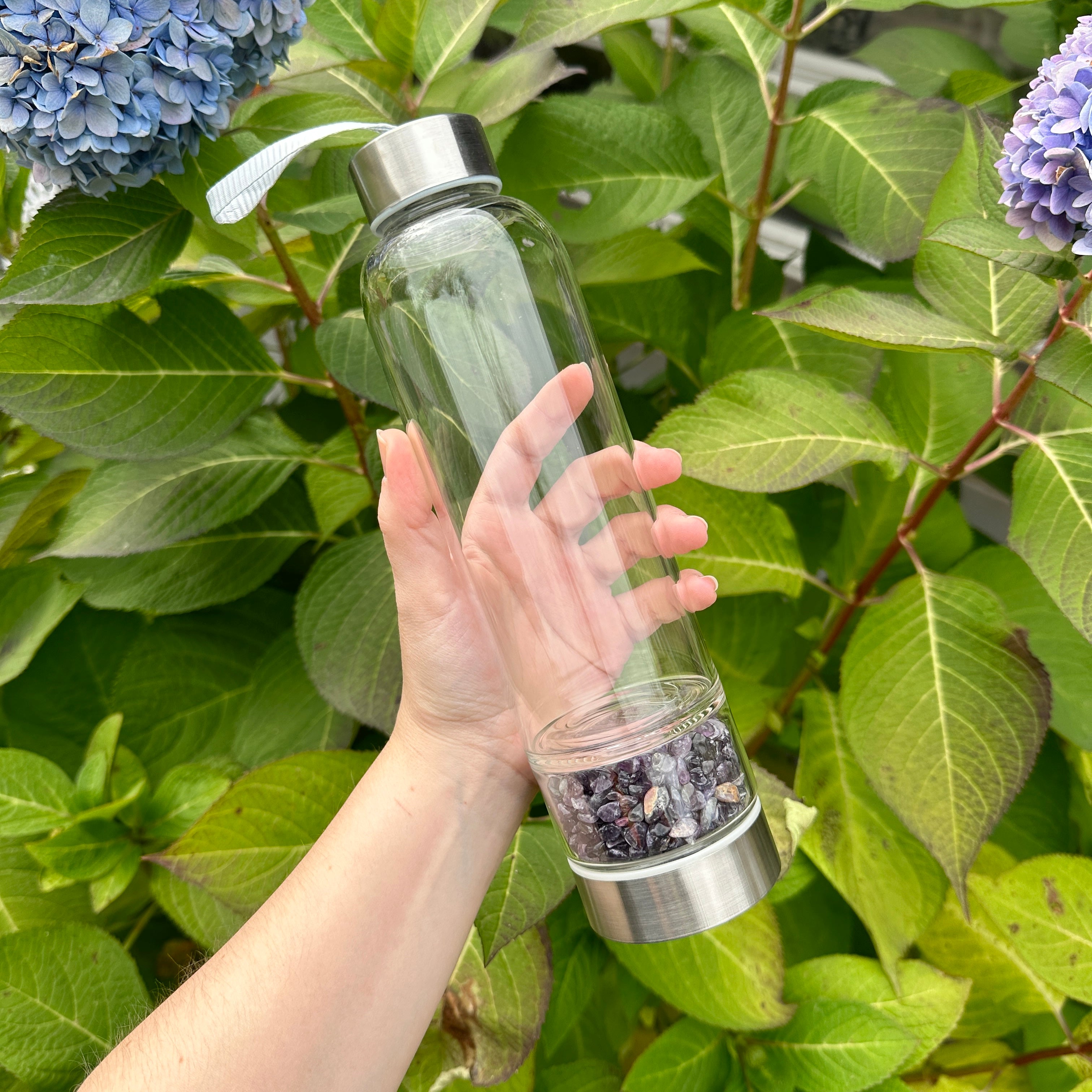 Amethyst Chip Gemstone Elixir Glass Water Bottle