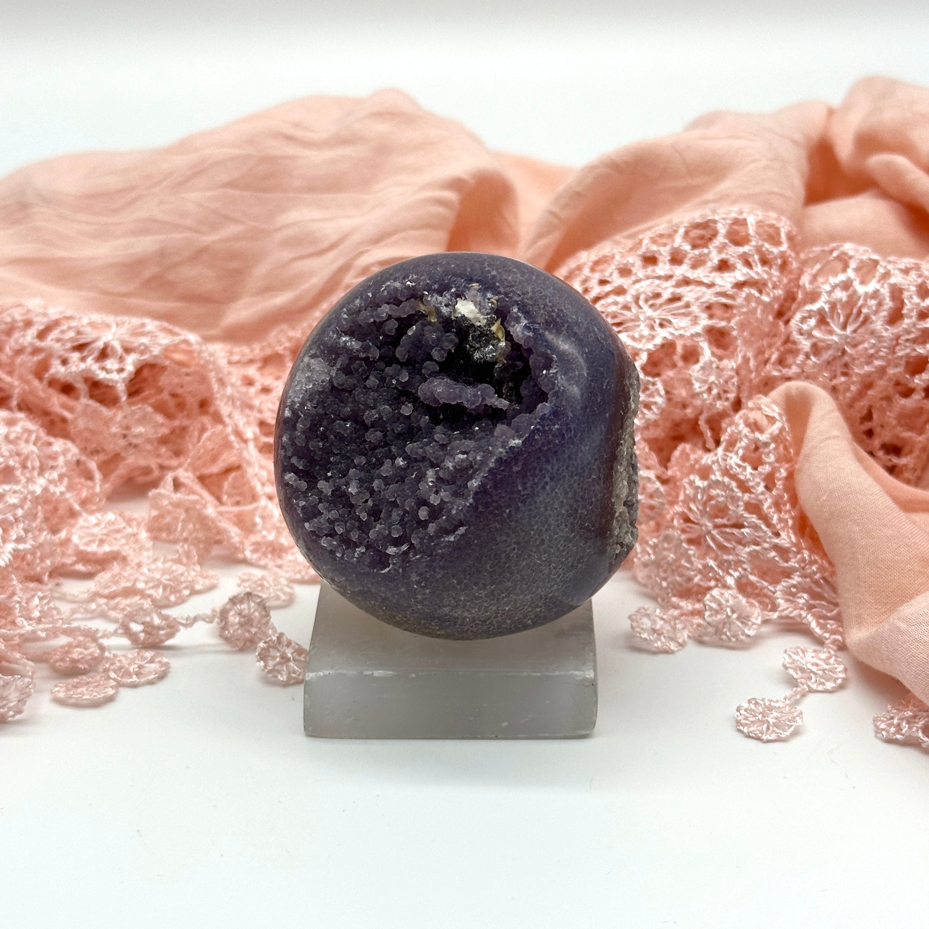 Purple Grape Agate Geode Sphere Carving (Includes Wood Stand)