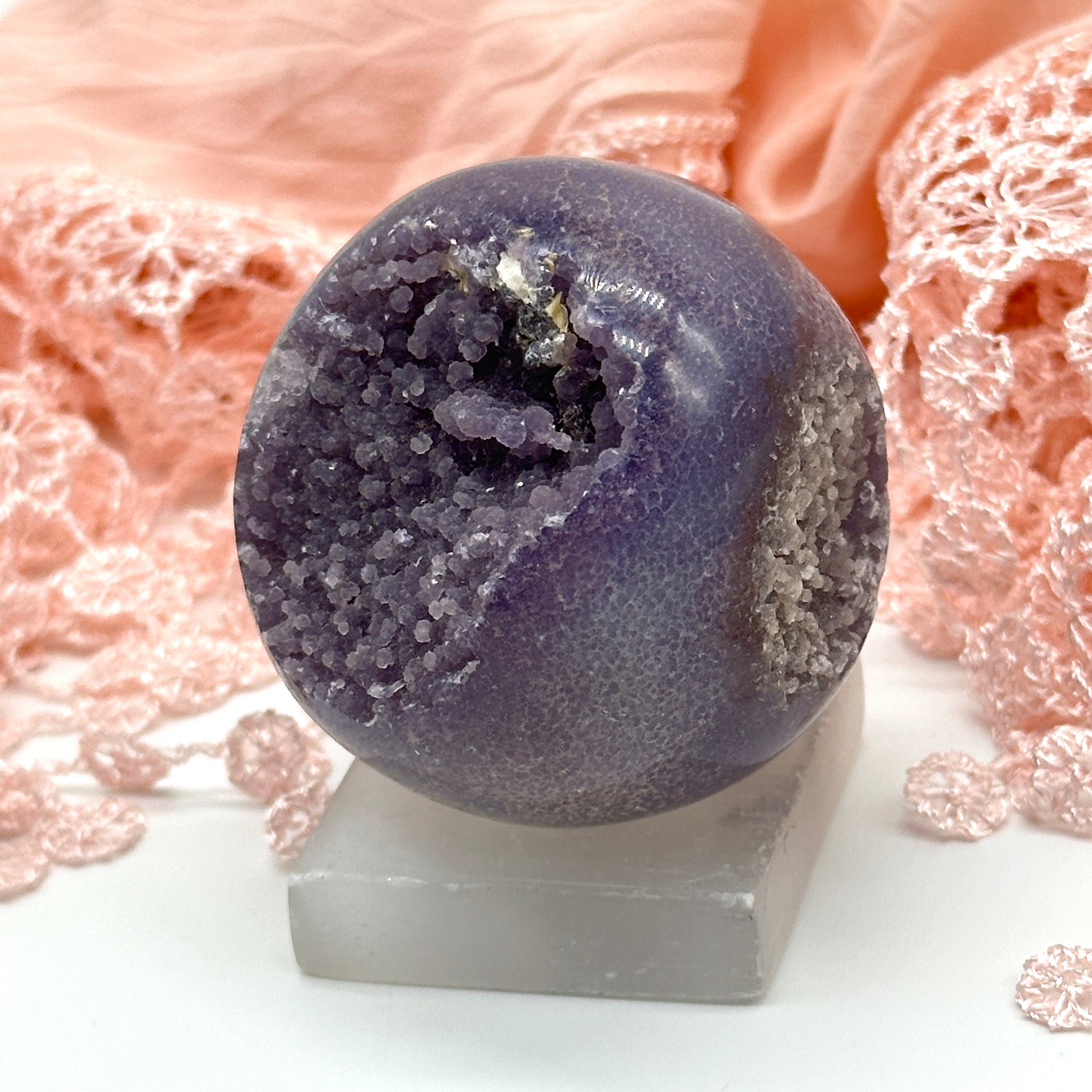 Purple Grape Agate Geode Sphere Carving (Includes Wood Stand)