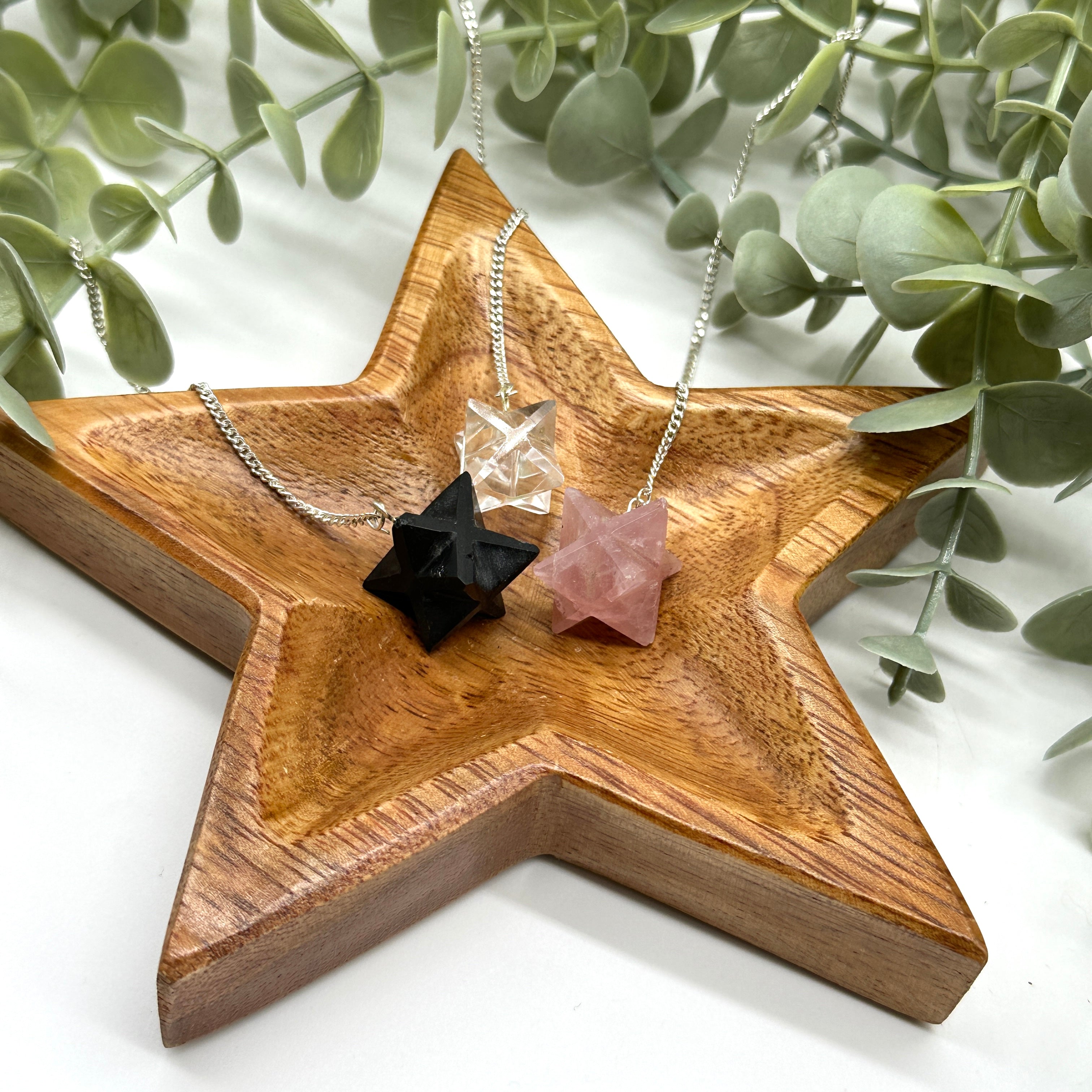 Three Piece Merkaba Pendulum Gift Set including Rose Quartz, Clear Quartz, and Shungite
