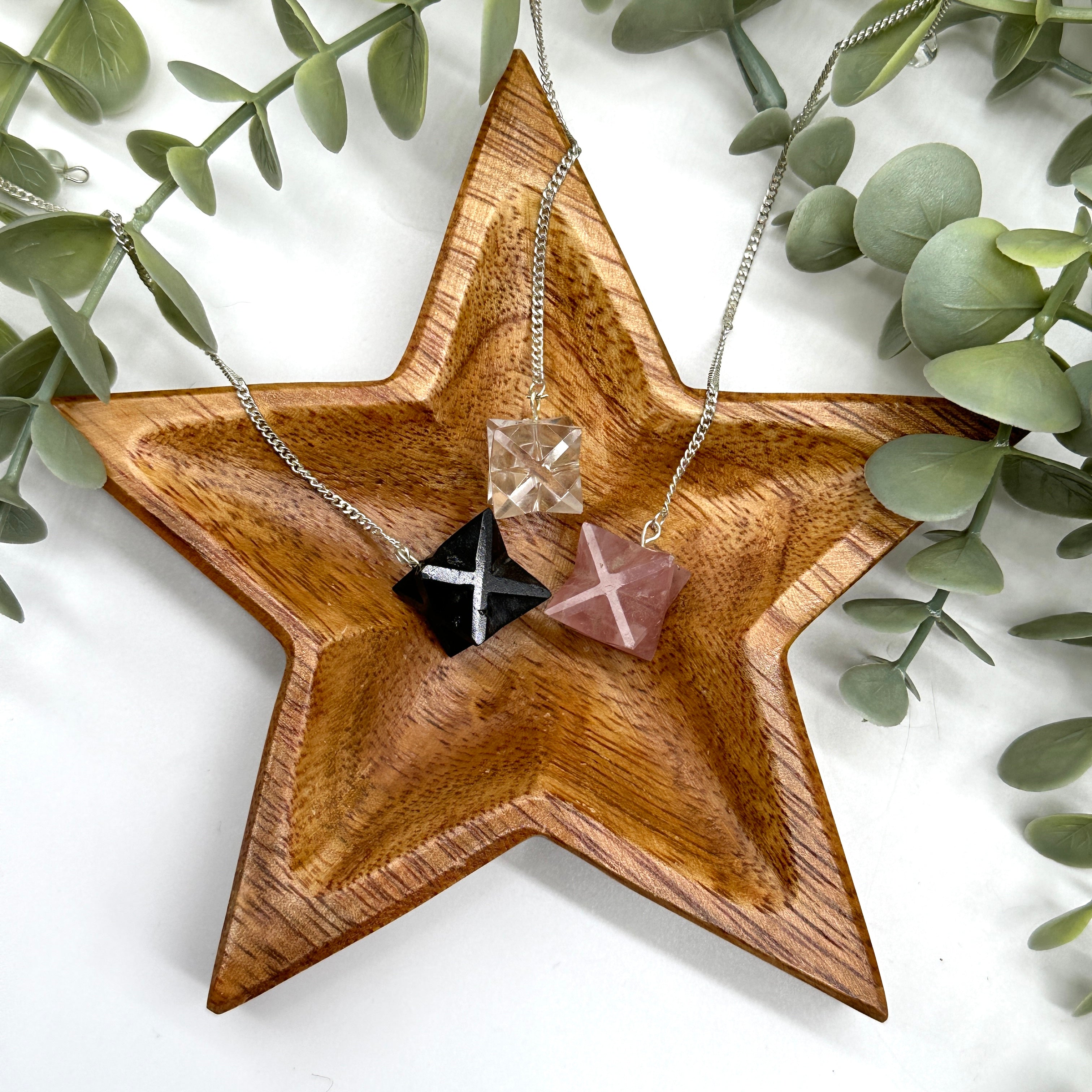 Three Piece Merkaba Pendulum Gift Set including Rose Quartz, Clear Quartz, and Shungite